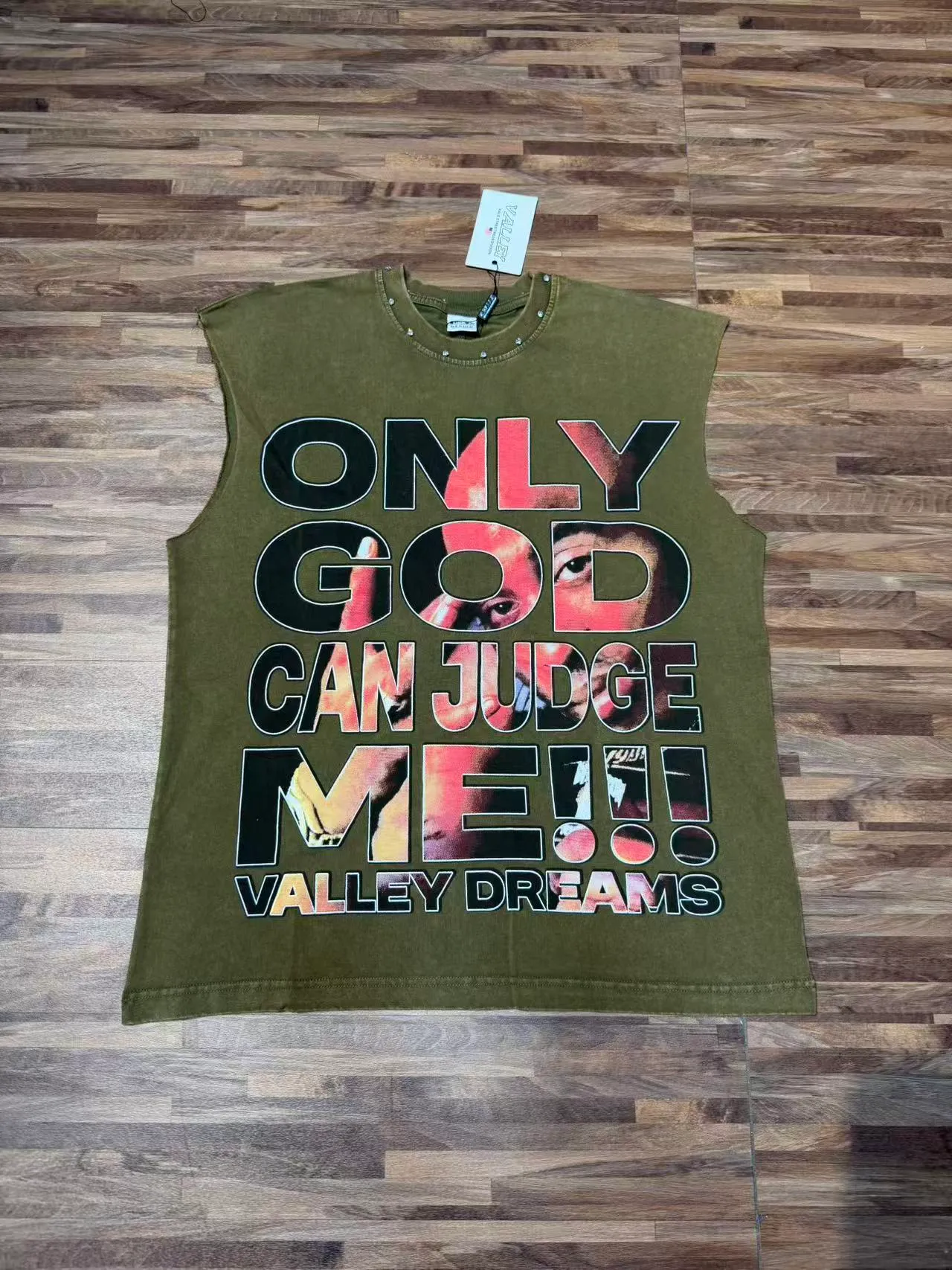 Army Green Black Sleeveless Graphic-Print Vest Top