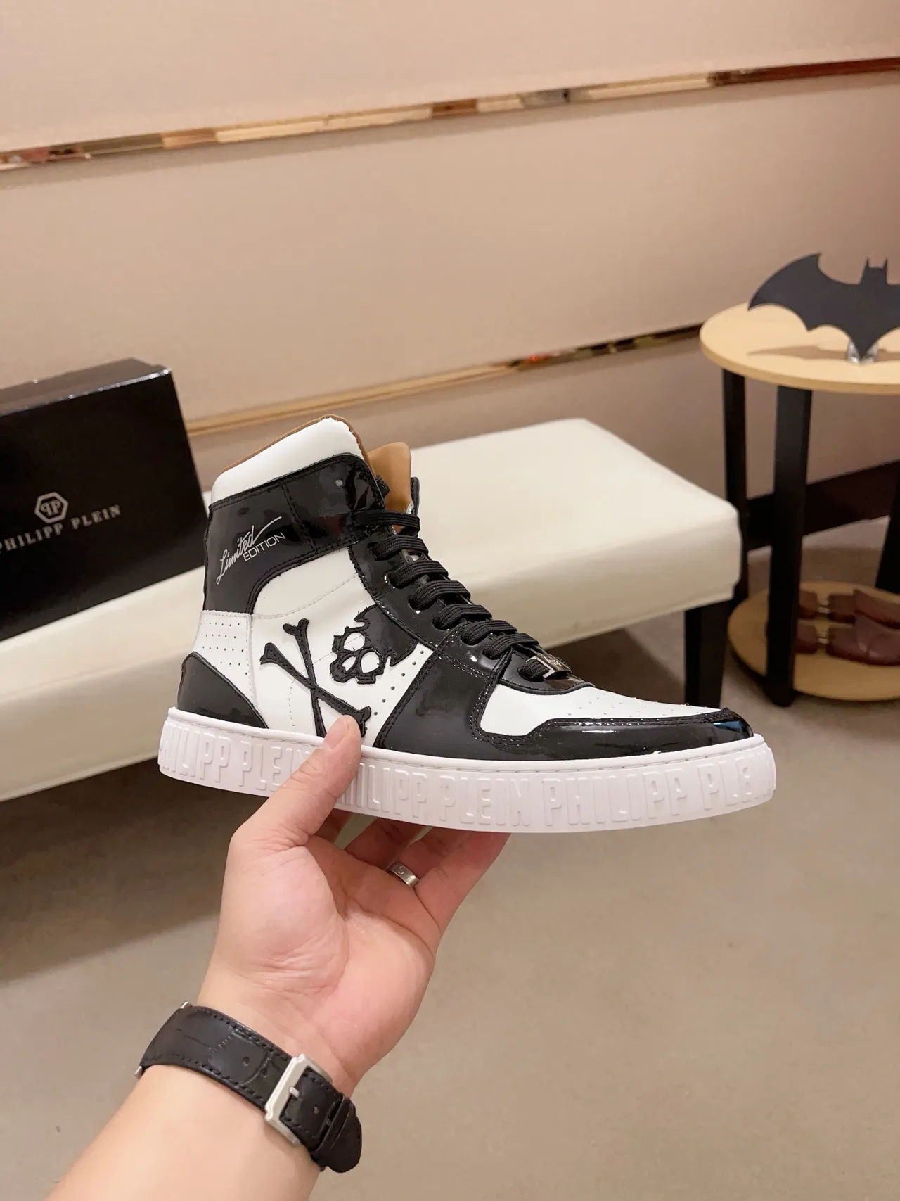 Philipp Plein Black White High-Top Patent Leather Lifestyle Sneakers