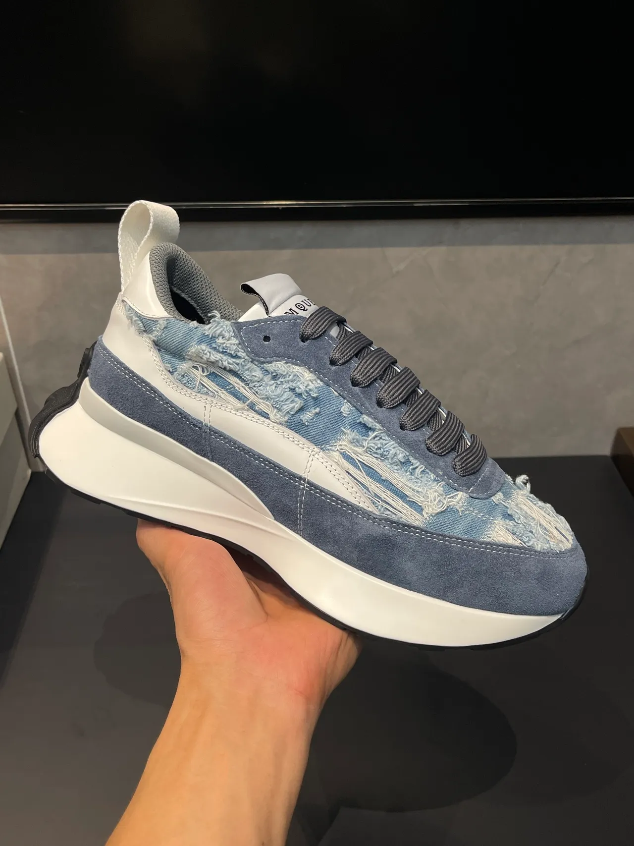 Alexander McQueen Oversized Sneaker Distressed Denim and Suede Lifestyle Sneaker