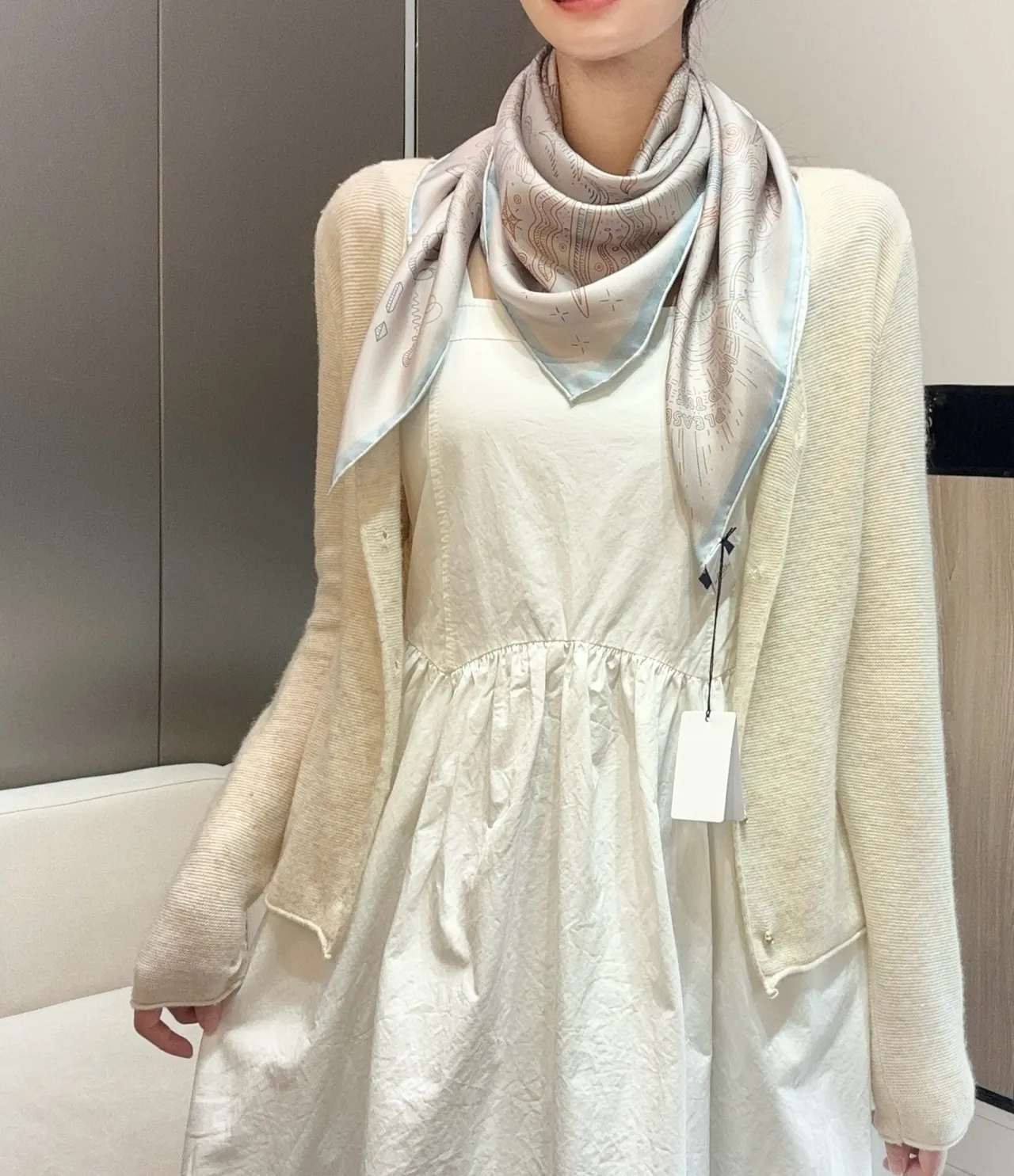 Cream Crinkled Empire-Waist Sleeveless Dress