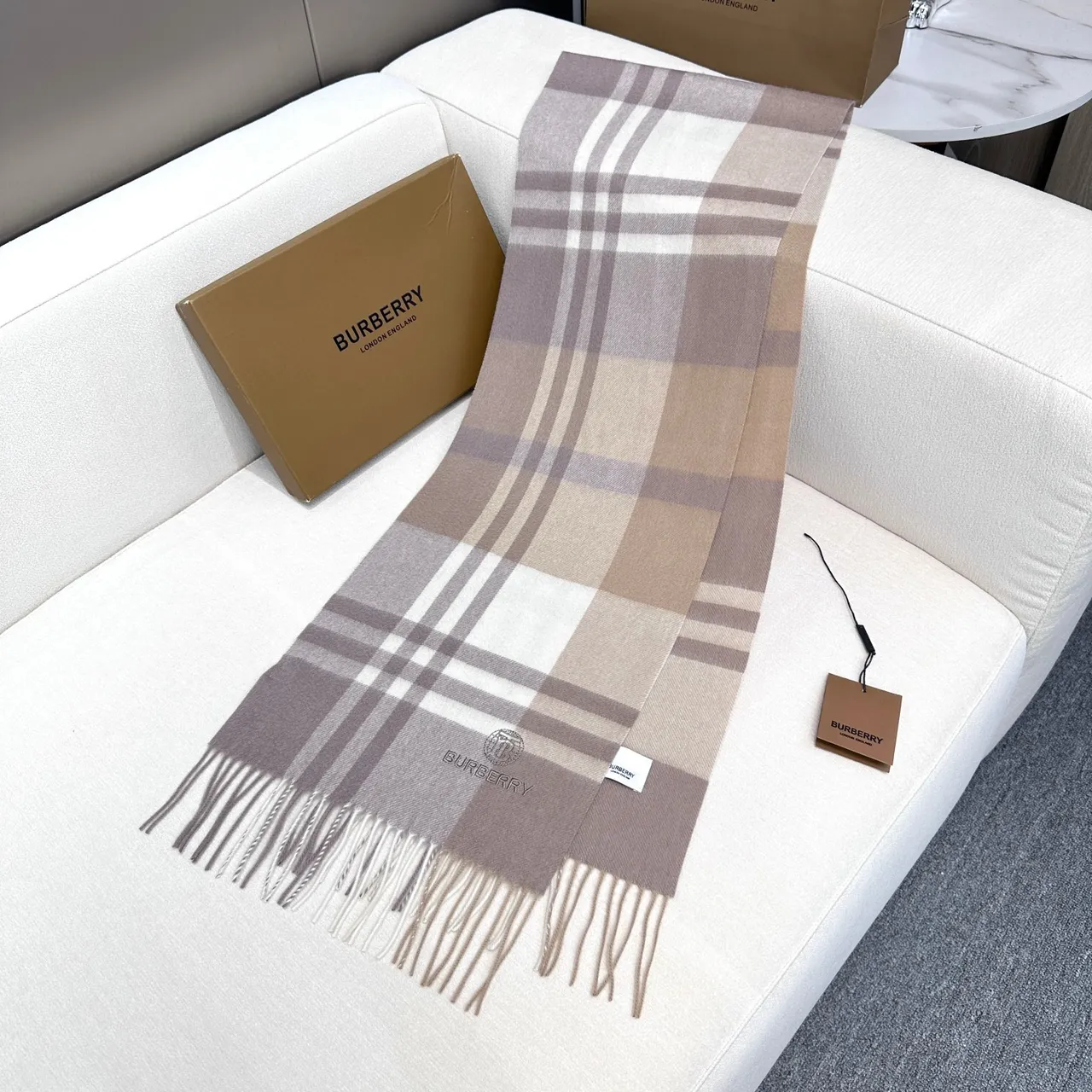 Burberry Classic Check Beige Taupe Cashmere Scarf