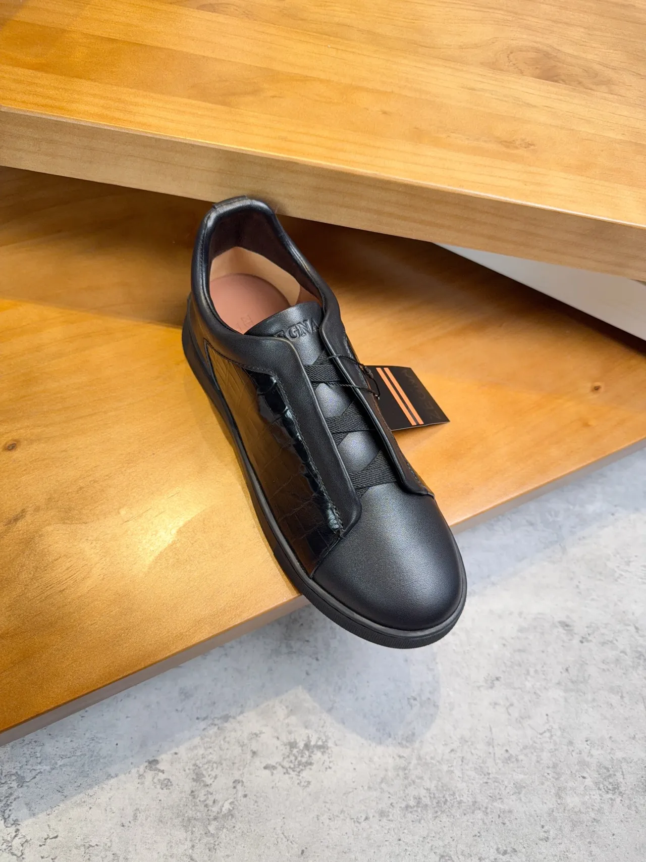 Zegna Slip-On Croc-Embossed Leather Black Lifestyle Sneakers
