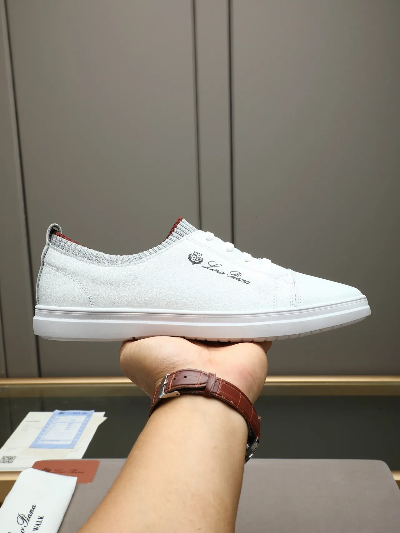 Loro Piana White Leather Knit-Collar Lifestyle Sneaker