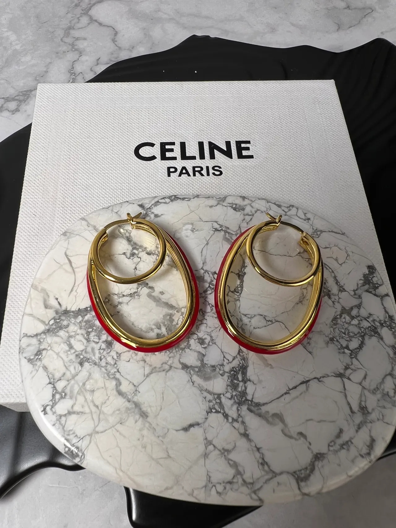 Celine Red Gold Double-Hoop Oval Earrings