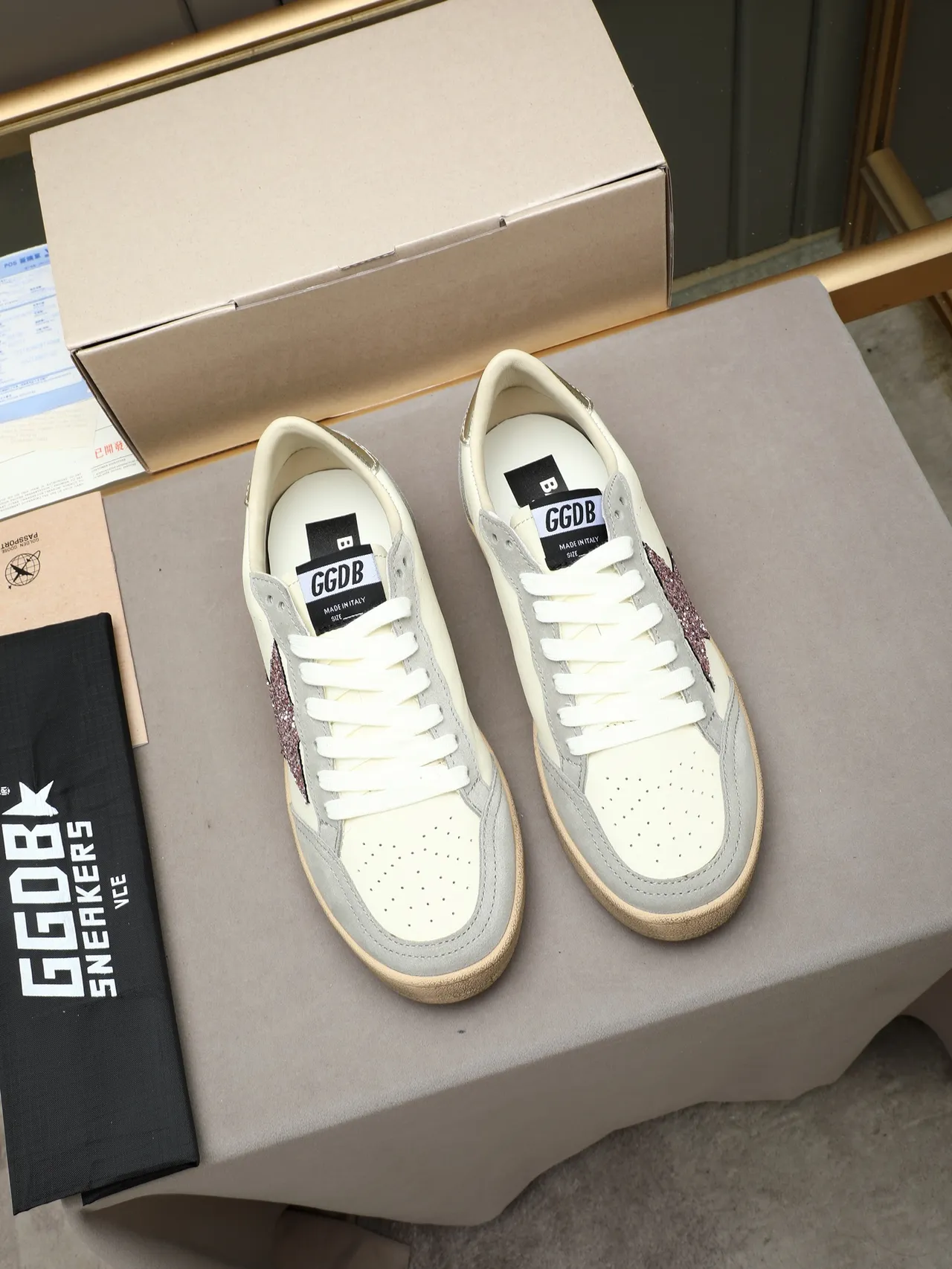 Golden Goose Ball Star Off-White and Gray Glitter Star Lifestyle Sneakers