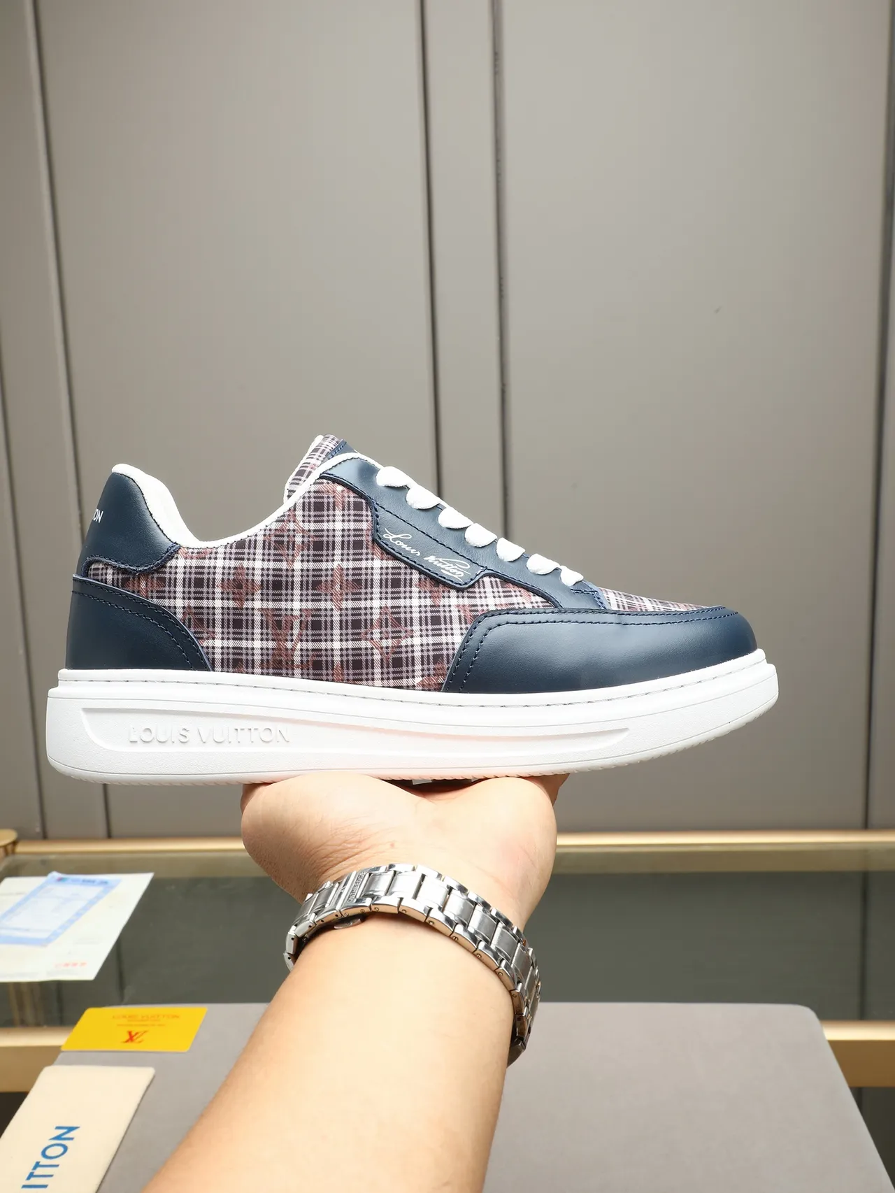 Louis Vuitton Run Away Navy Multicolor Low-Top Leather-and-Plaid Upper Lifestyle Sneakers