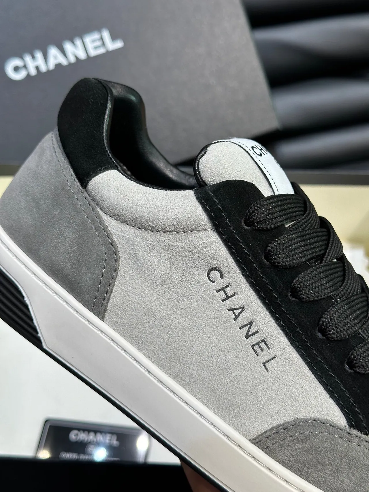 Chanel Gray Black Low-Top Suede-and-Leather Panelled Sneakers