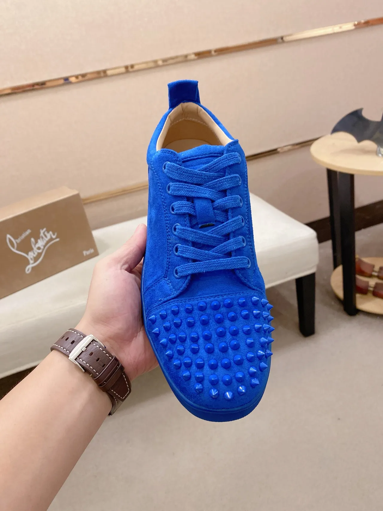 Christian Louboutin Spike Sneaker Blue Suede Lifestyle Sneaker