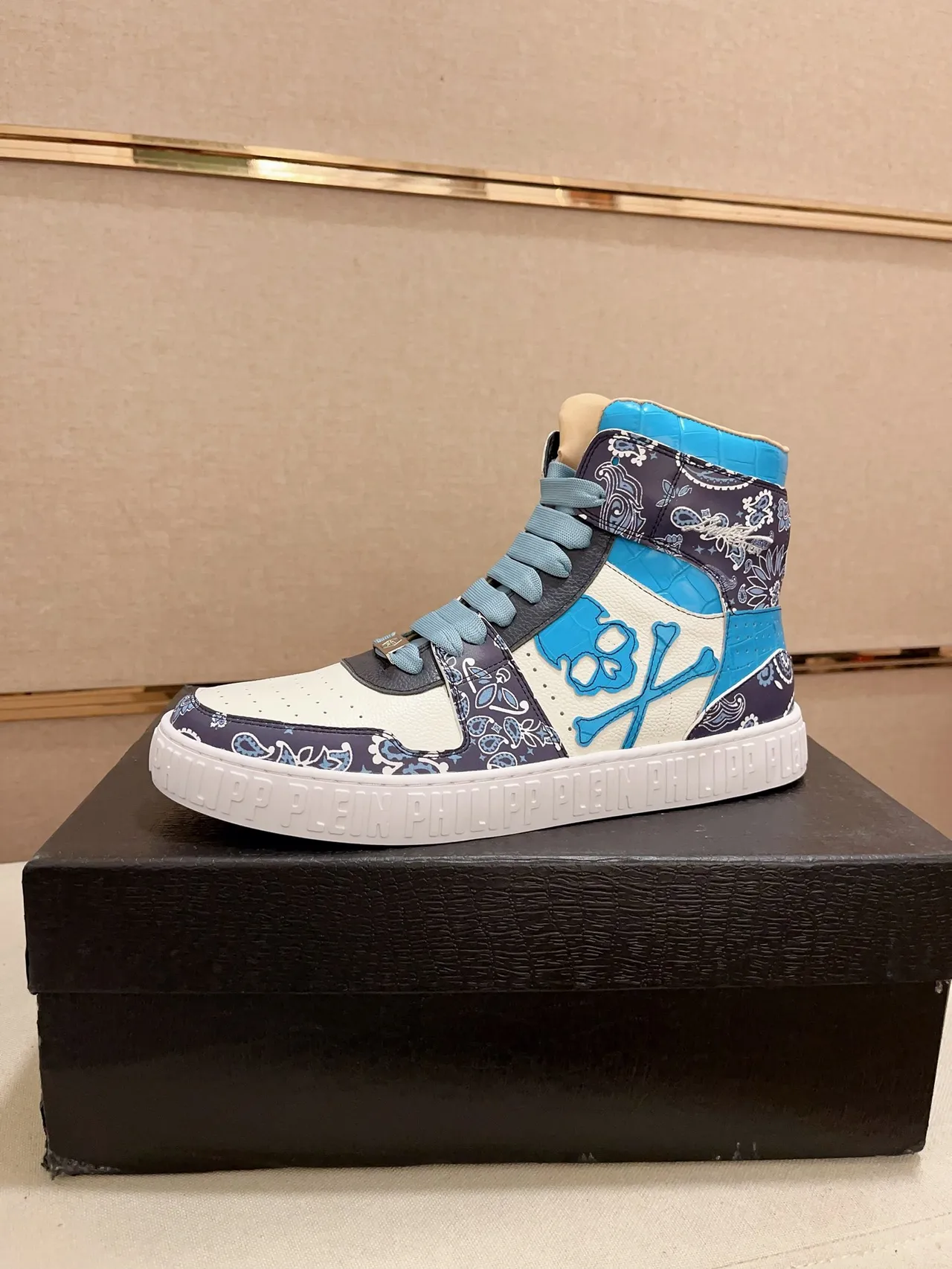 Philipp Plein White Blue High-Top Embossed Sole Sneakers