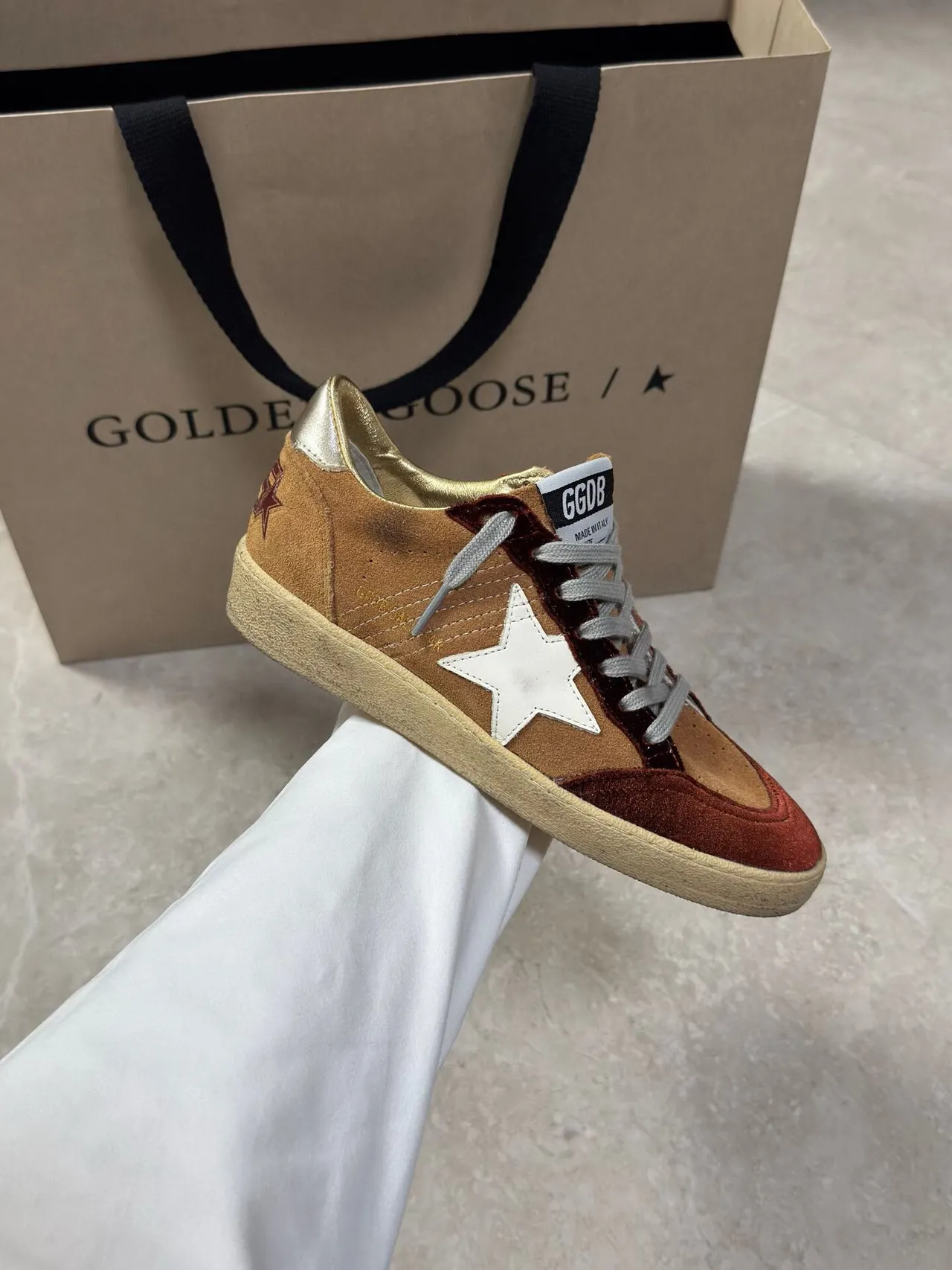 Golden Goose Super-Star Tan and Burgundy Suede Lifestyle Sneakers