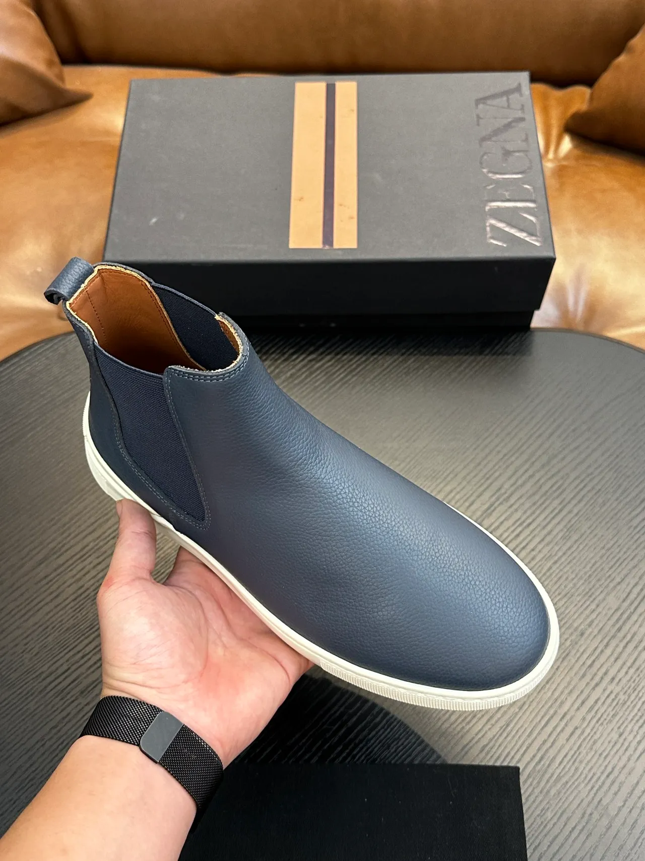 Zegna Blue White Textured Leather Upper Navy Elastic Side Gusset Chelsea Boots