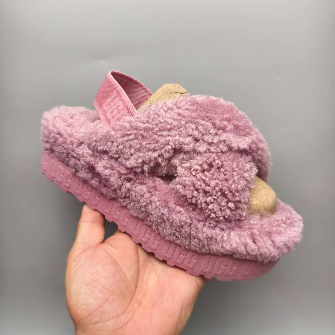 UGG Tasman Pink Fuzzy Cross-Strap Slippers