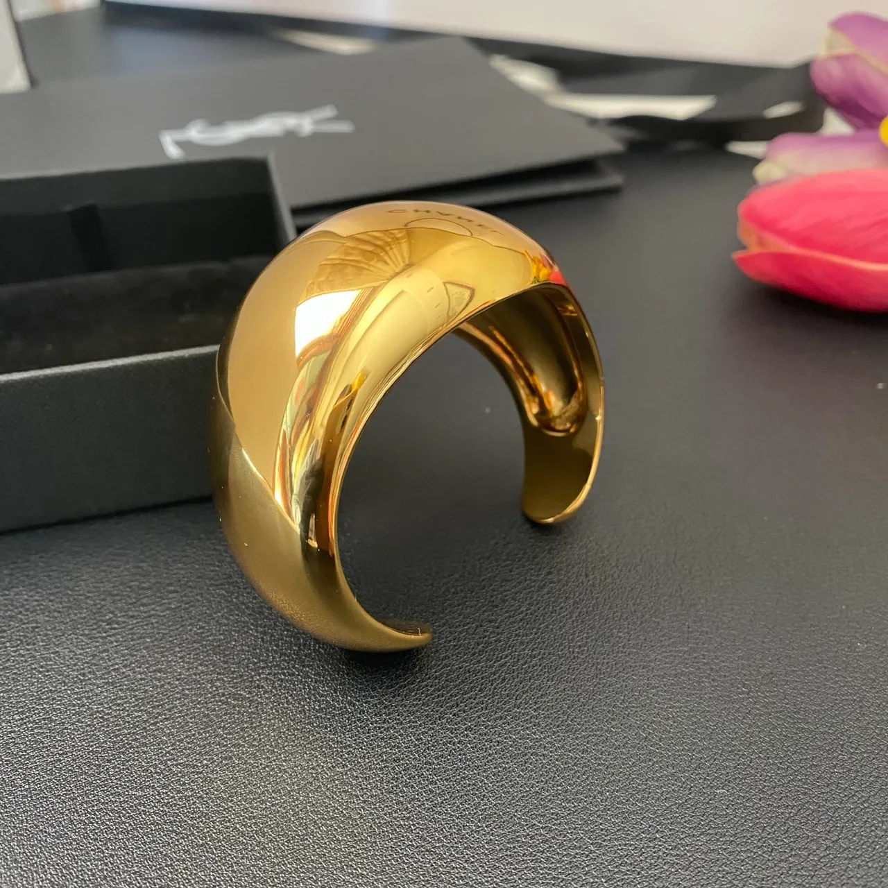 Saint Laurent Wide High-Polish Gold Cuff Bracelet