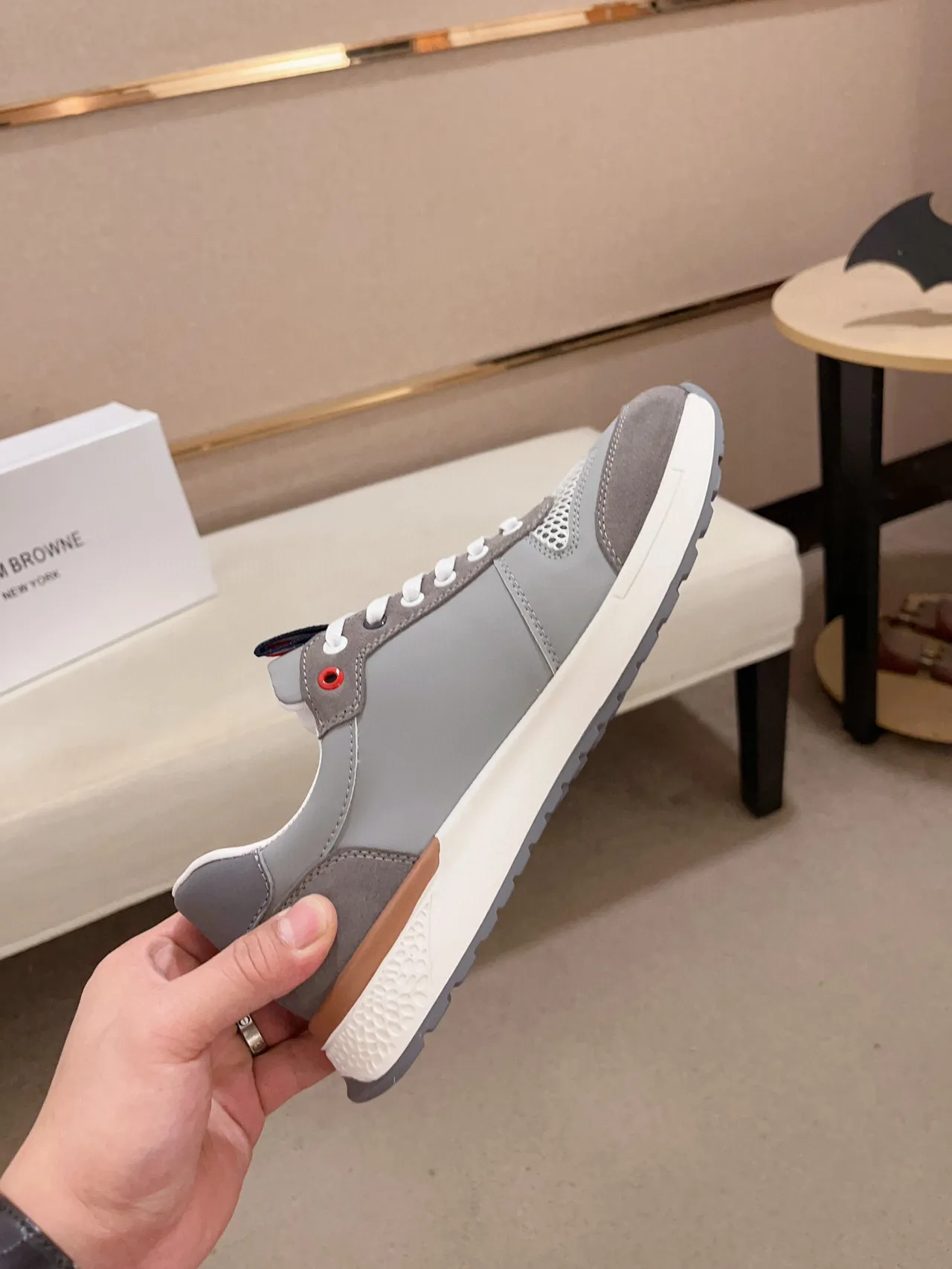 Thom Browne Gray White Mixed-Material Upper Mesh Ventilation Panel Sneakers