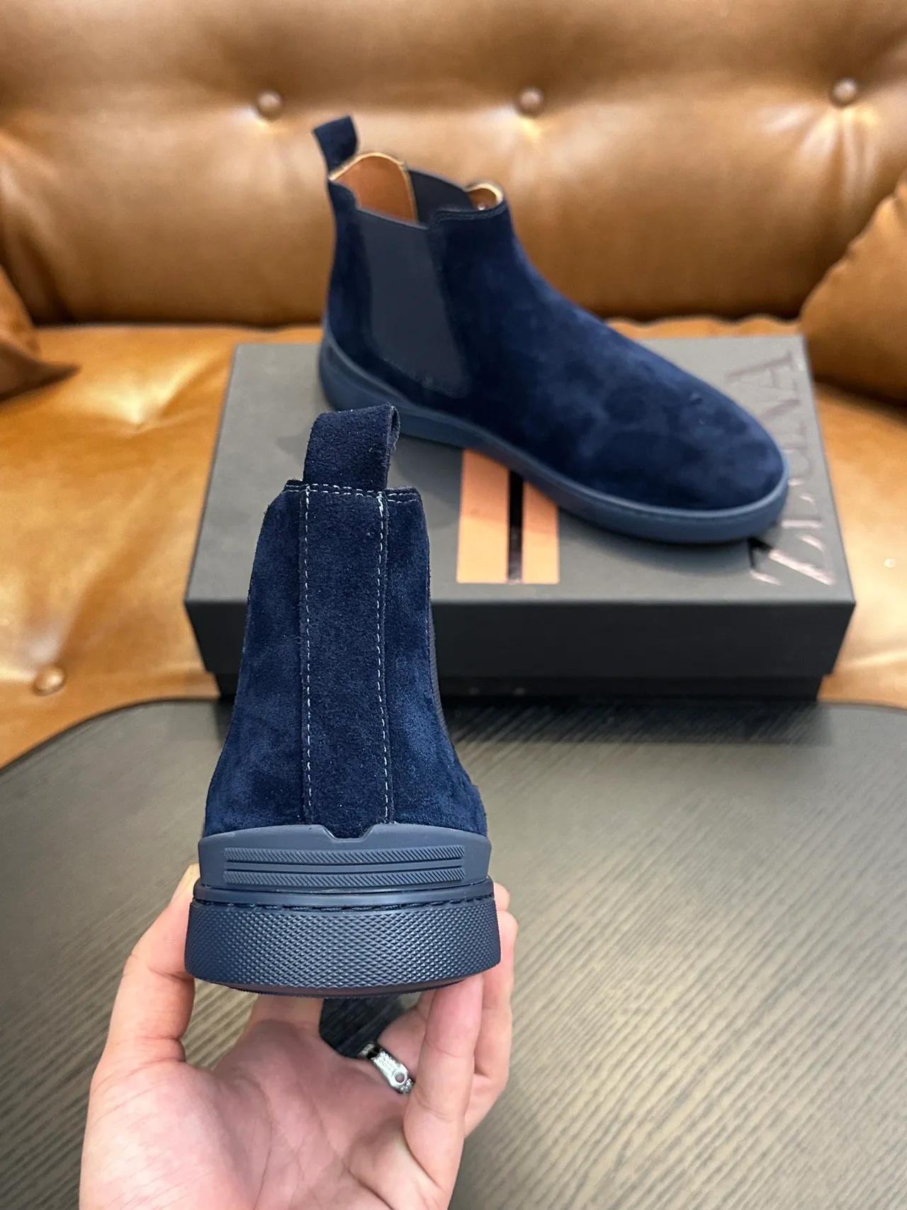 Zegna Navy Suede Chelsea Boots