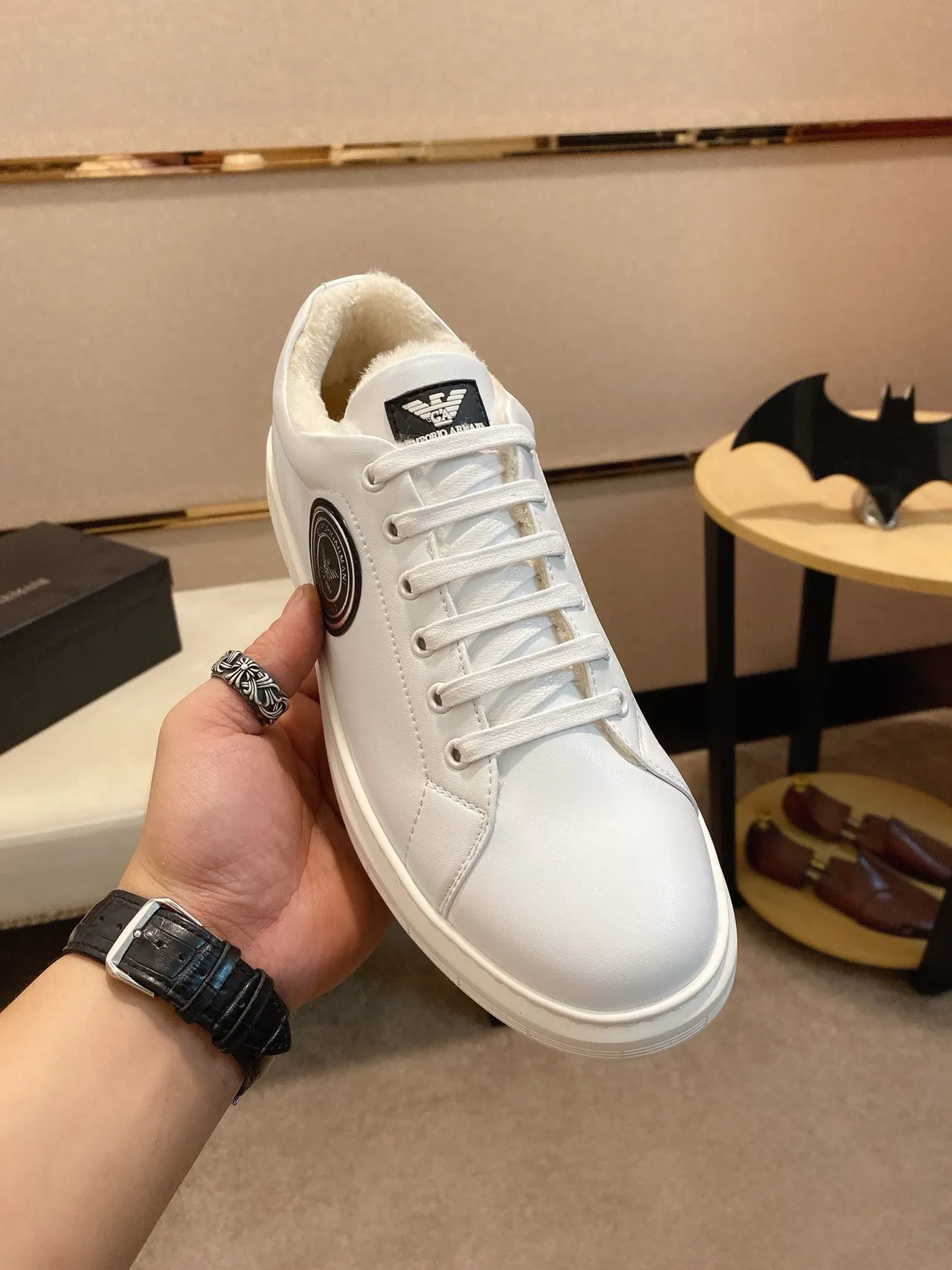 Emporio Armani White Black Low-Top Leather Upper Sneakers