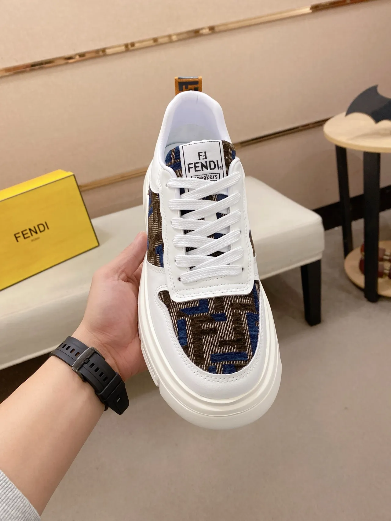 Fendi White Brown Platform Sole FF Monogram Jacquard Upper Chunky Sneakers