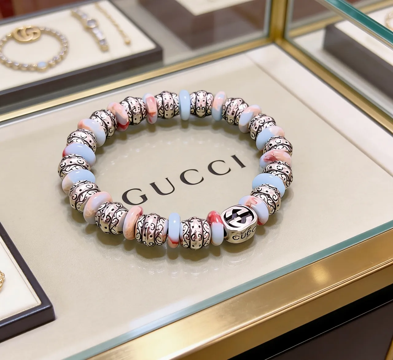Gucci Multicolor Silver Beaded Ornate Scrollwork Bracelet