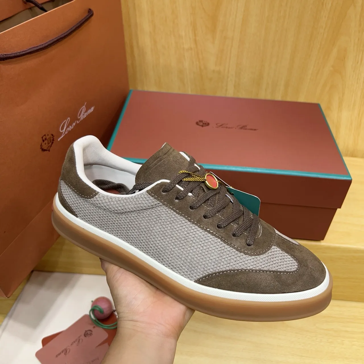 Loro Piana Brown and Gray Suede Mesh Lifestyle Sneaker