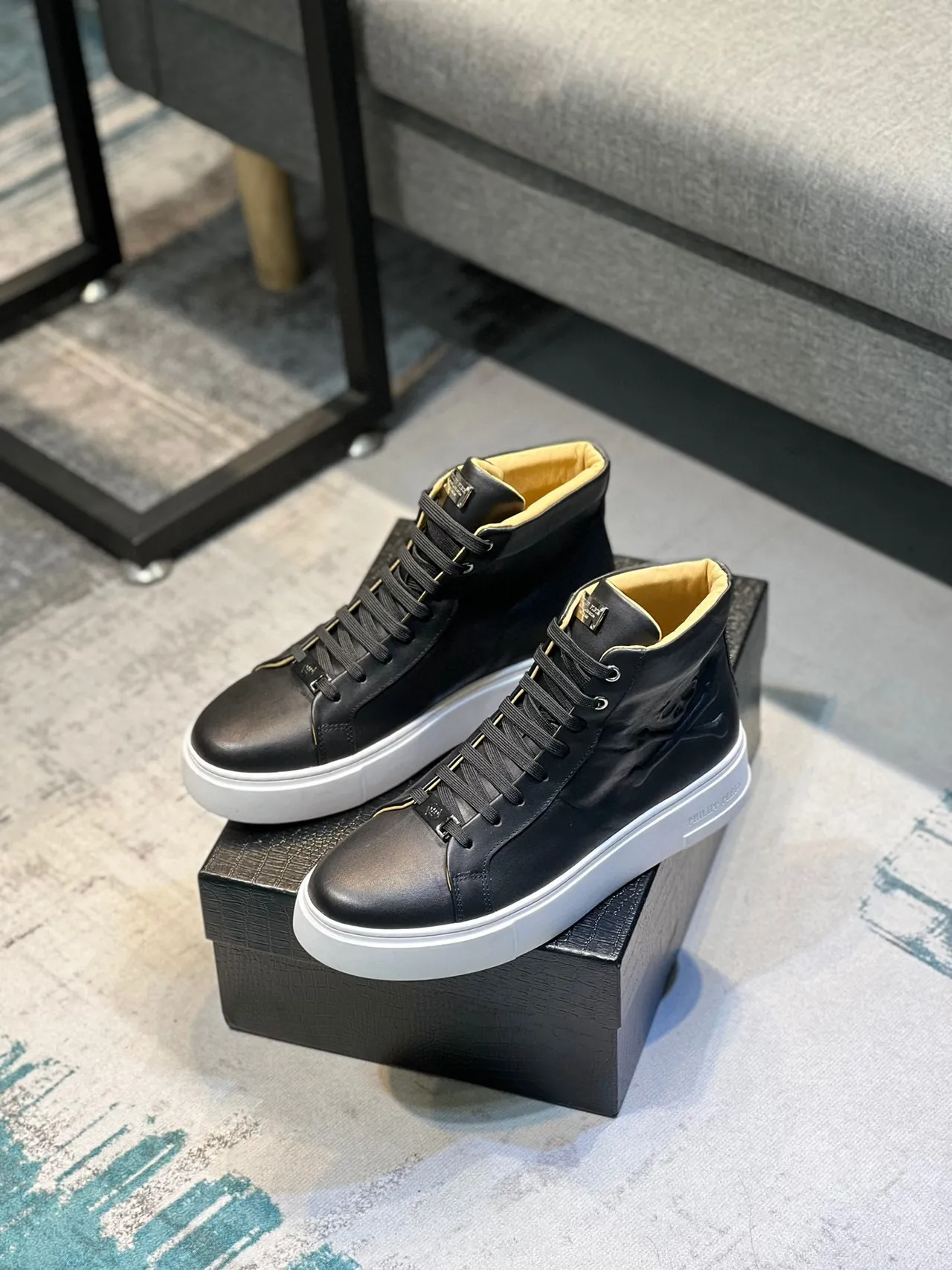 Philipp Plein Black White High-Top Leather Upper Lifestyle Sneakers