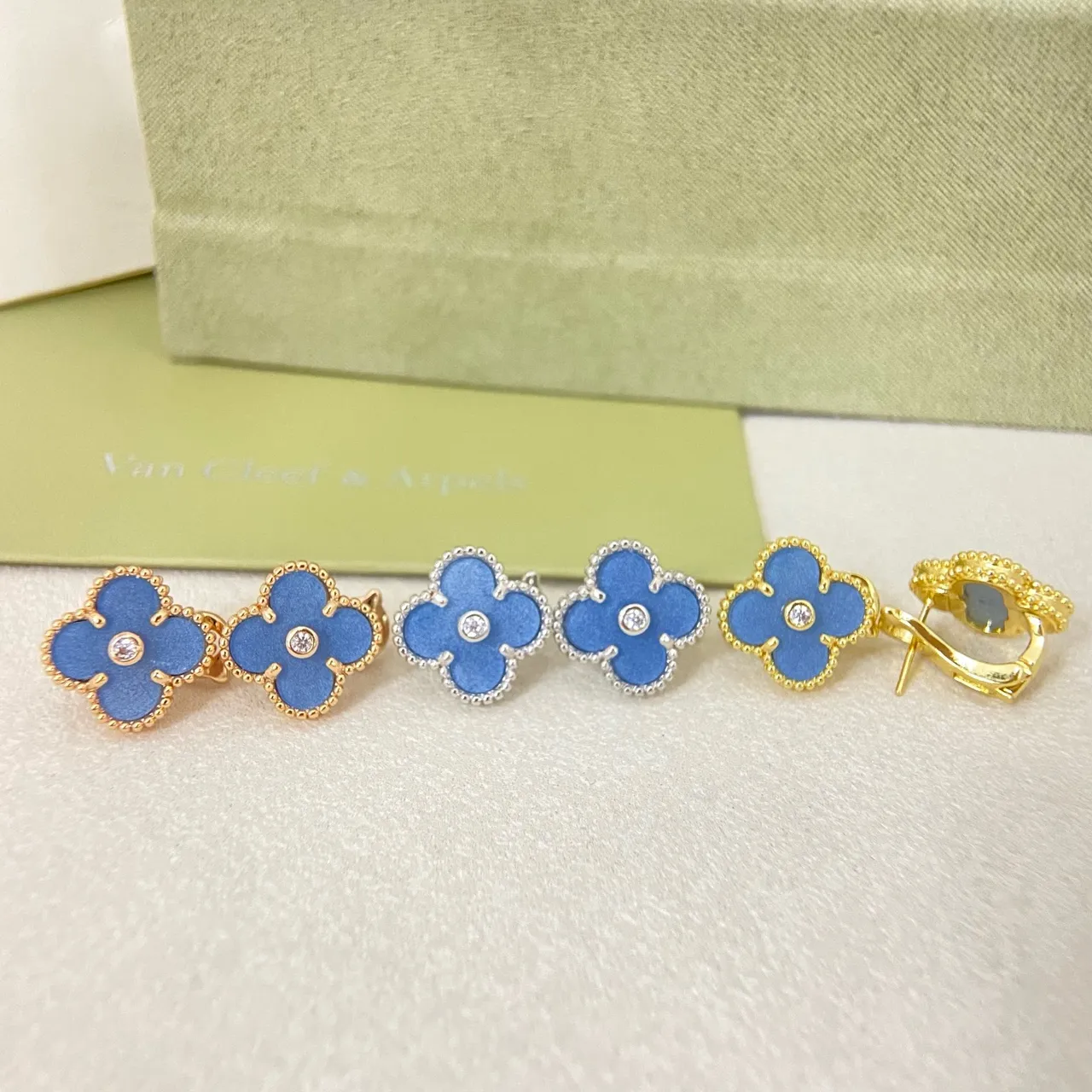 Van Cleef & Arpels Alhambra Blue Enamel and Diamond Four-Leaf Clover Earrings