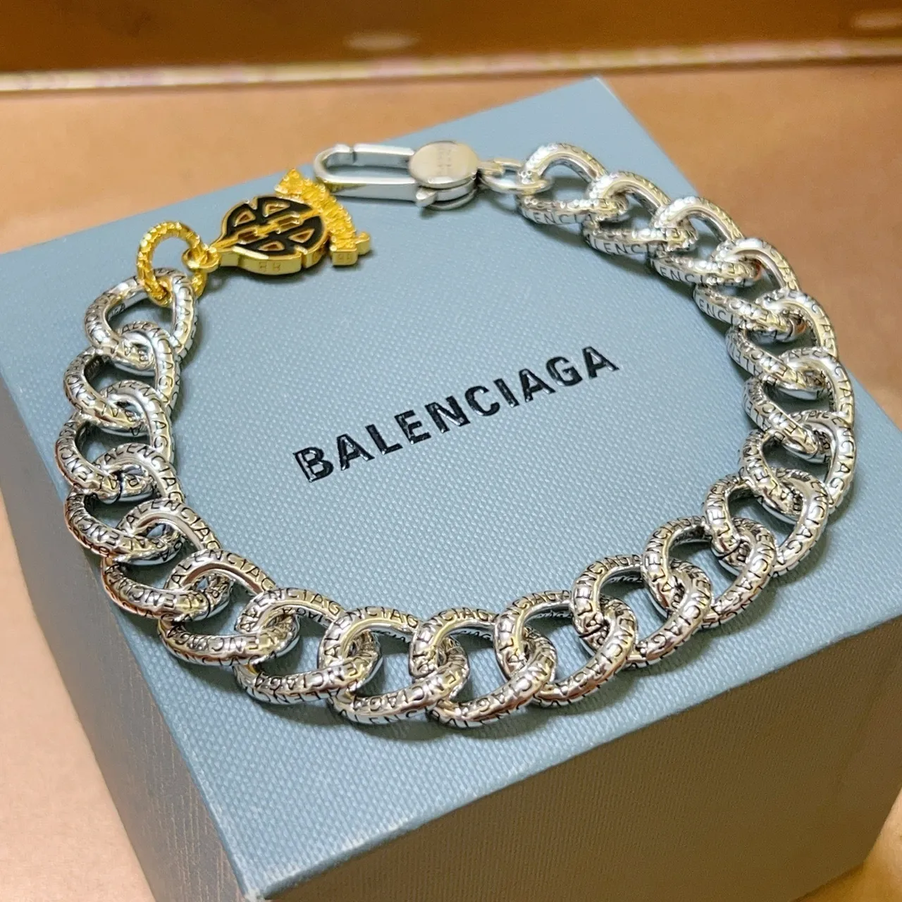 Balenciaga Logo Chain Silver Gold Chunky Oval-Link Engraved Brand Lettering Bracelet