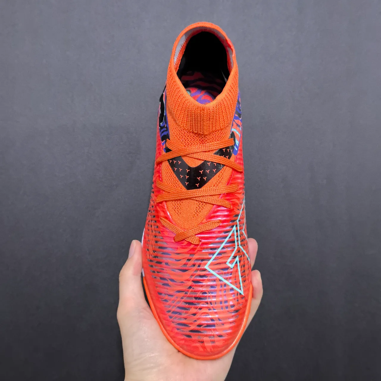 Puma Orange Blue Sock-Fit Knit Collar Molded Synthetic Cage Upper Turf Soccer Shoes