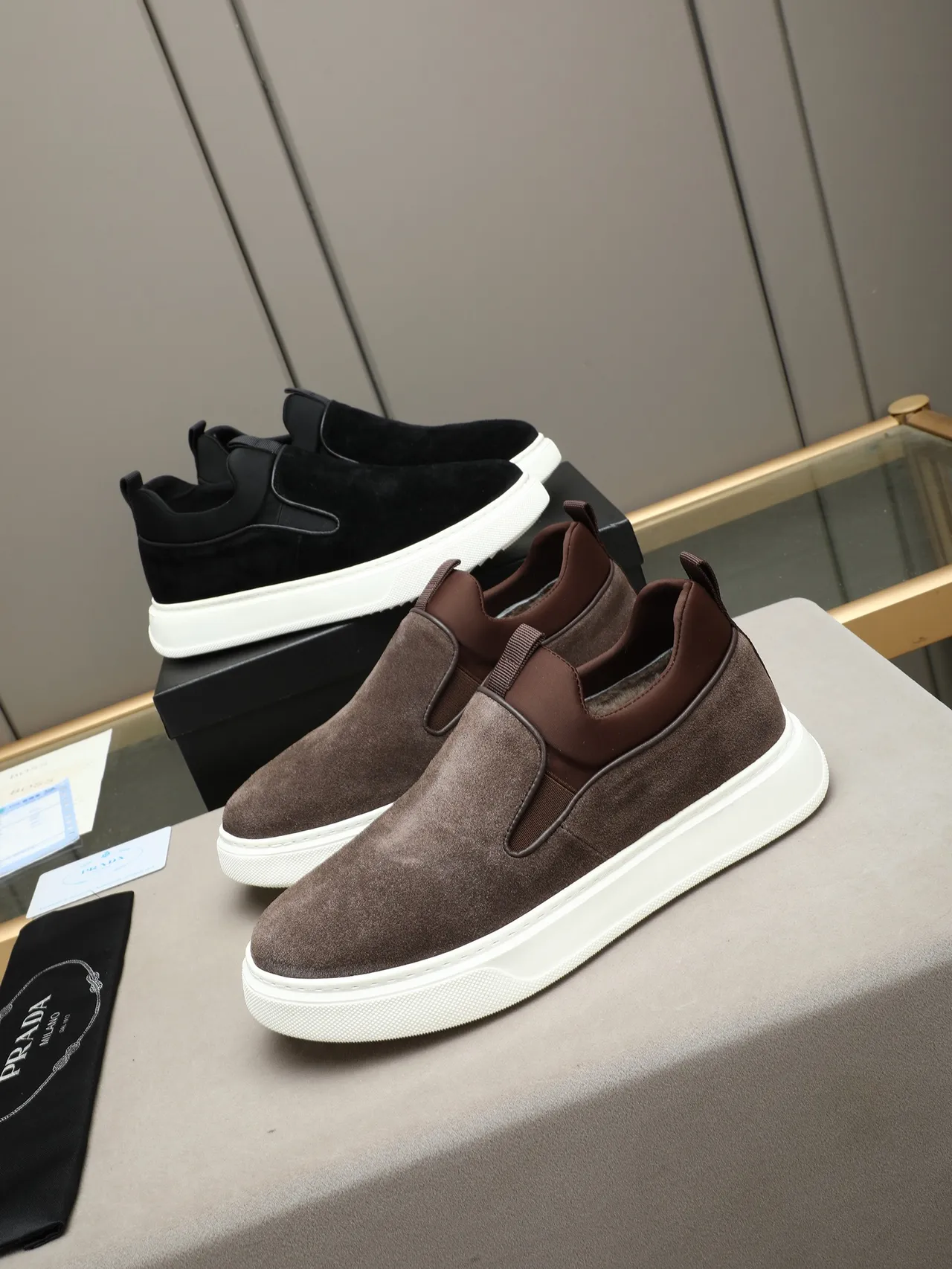 Prada Slip-On Suede Brown White Platform Lifestyle Sneakers
