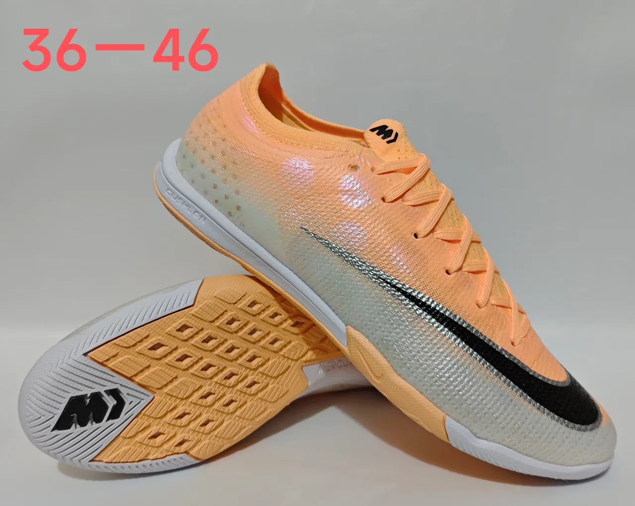 Nike Mercurial Orange Silver Knit Upper Gradient Colorway Indoor Soccer Shoes