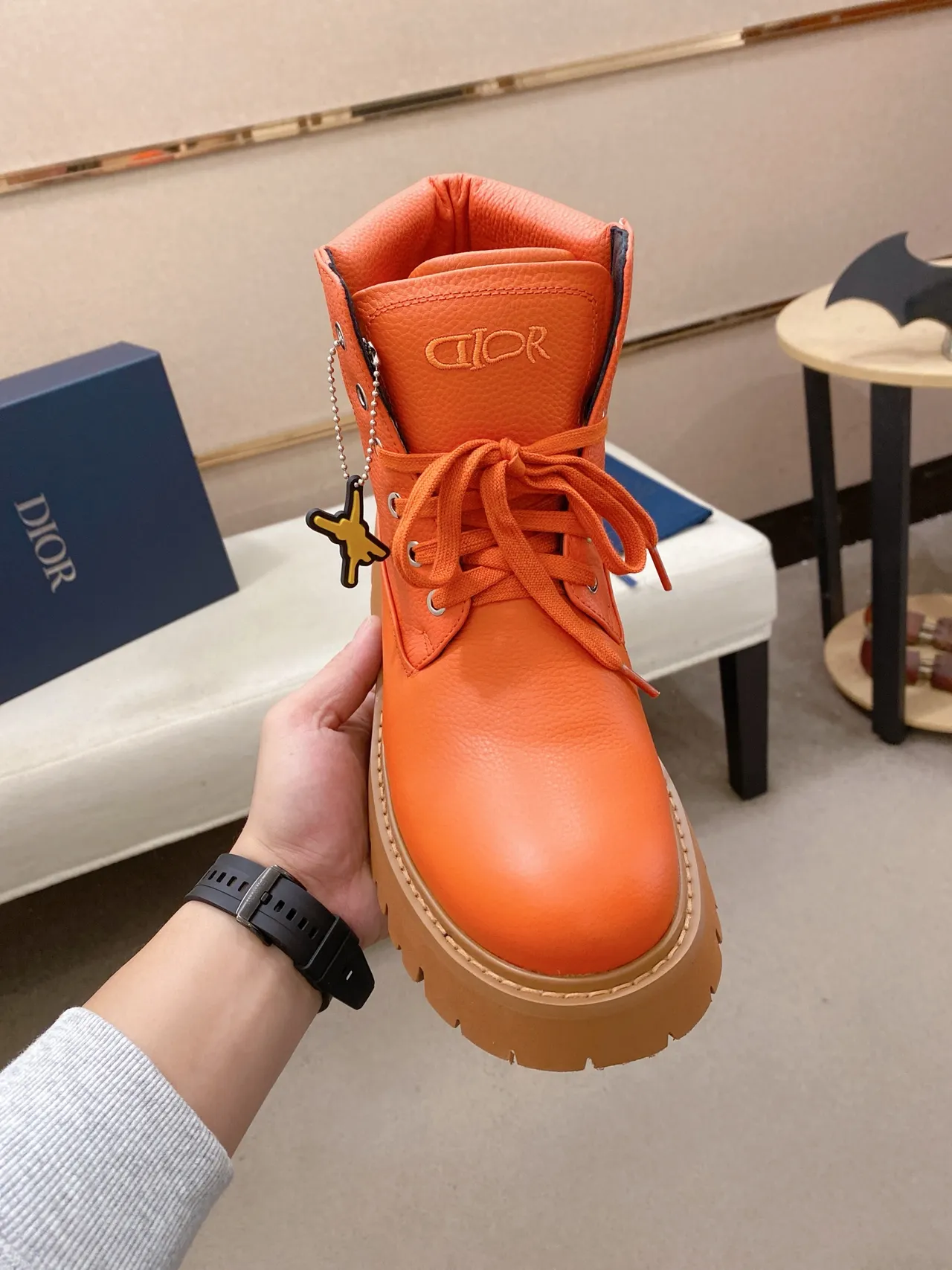 Dior Orange Beige High-Top Lace-Up Work Boots
