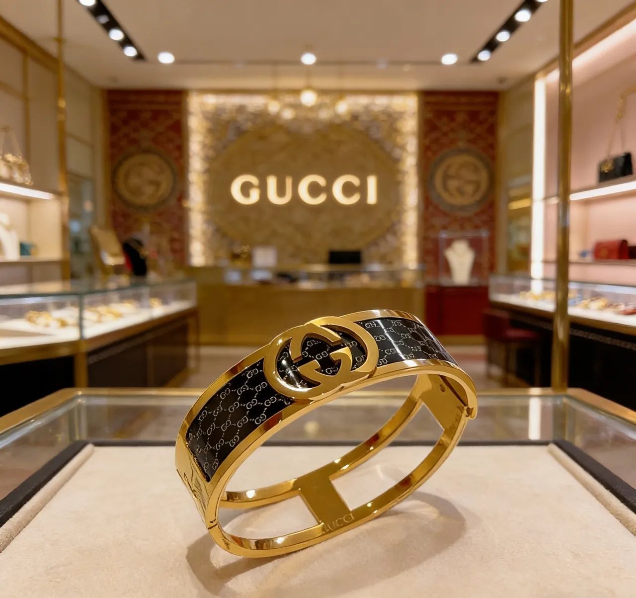 Gucci Interlocking G Monogram Black Enamel Gold-Tone Bracelet