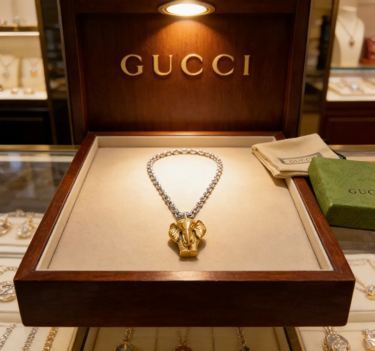 Gucci Silver Gold Sculpted Elephant Head Pendant Heavy Link Chain Necklace