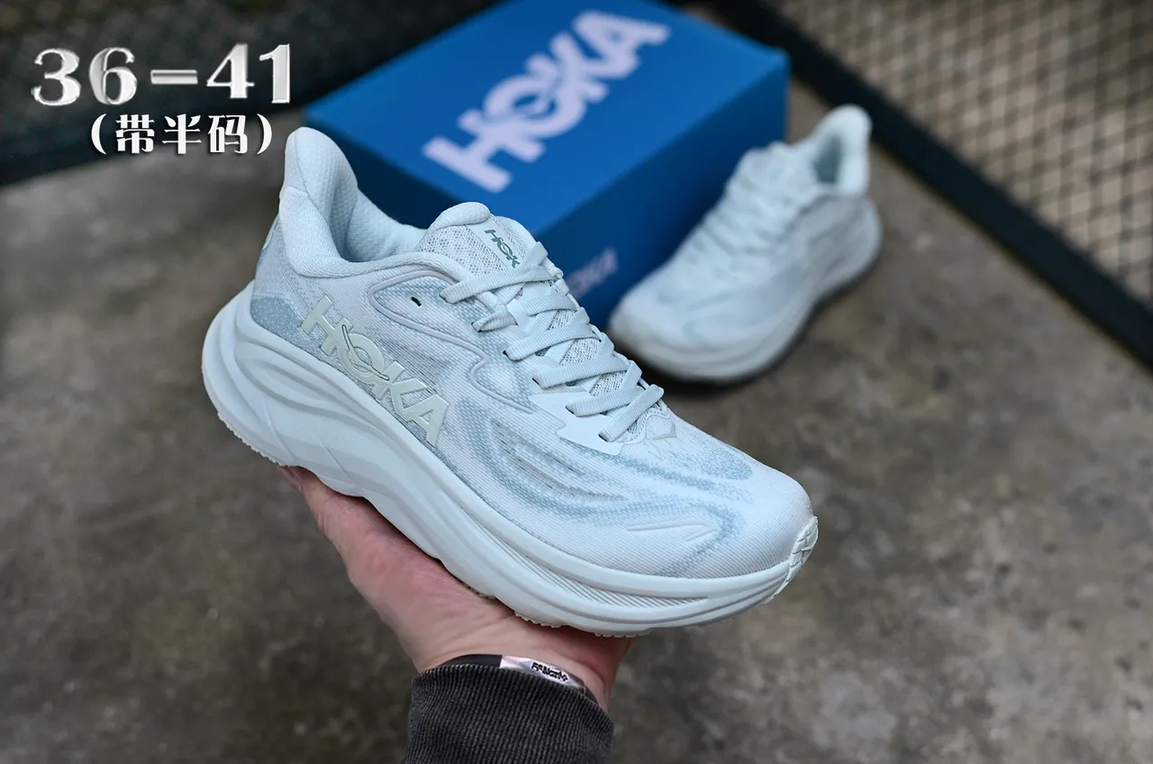 Hoka Blue White Maximalist Cushioning Engineered Knit Upper Running Shoes