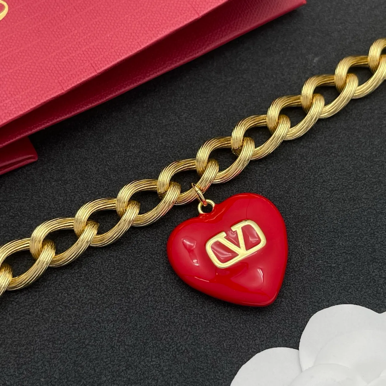 Valentino VLogo Heart Red Enamel Gold-Tone Chain Bracelet