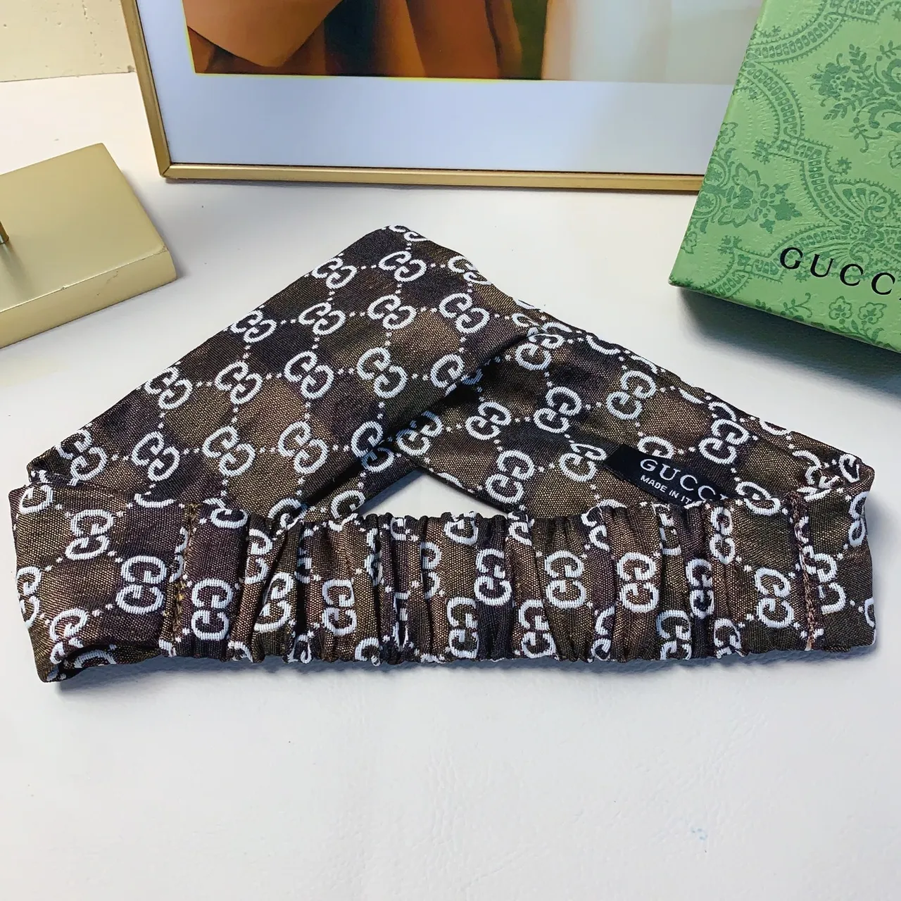 Gucci Multicolor Navy Interlocking GG Monogram Elastic Gathered Center Silk Scarf