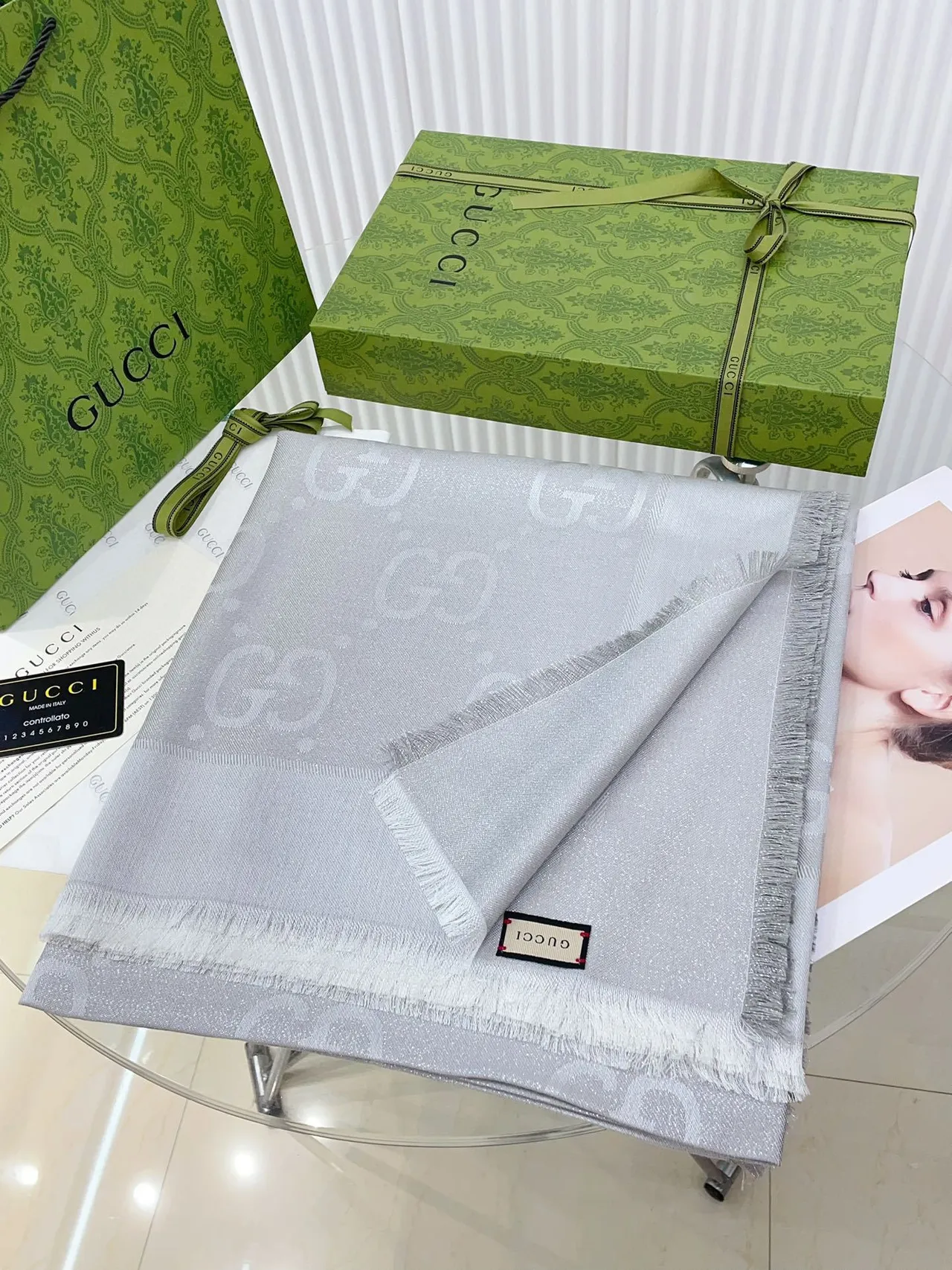 Gucci Monogram-Printed Light Gray Silk Scarf