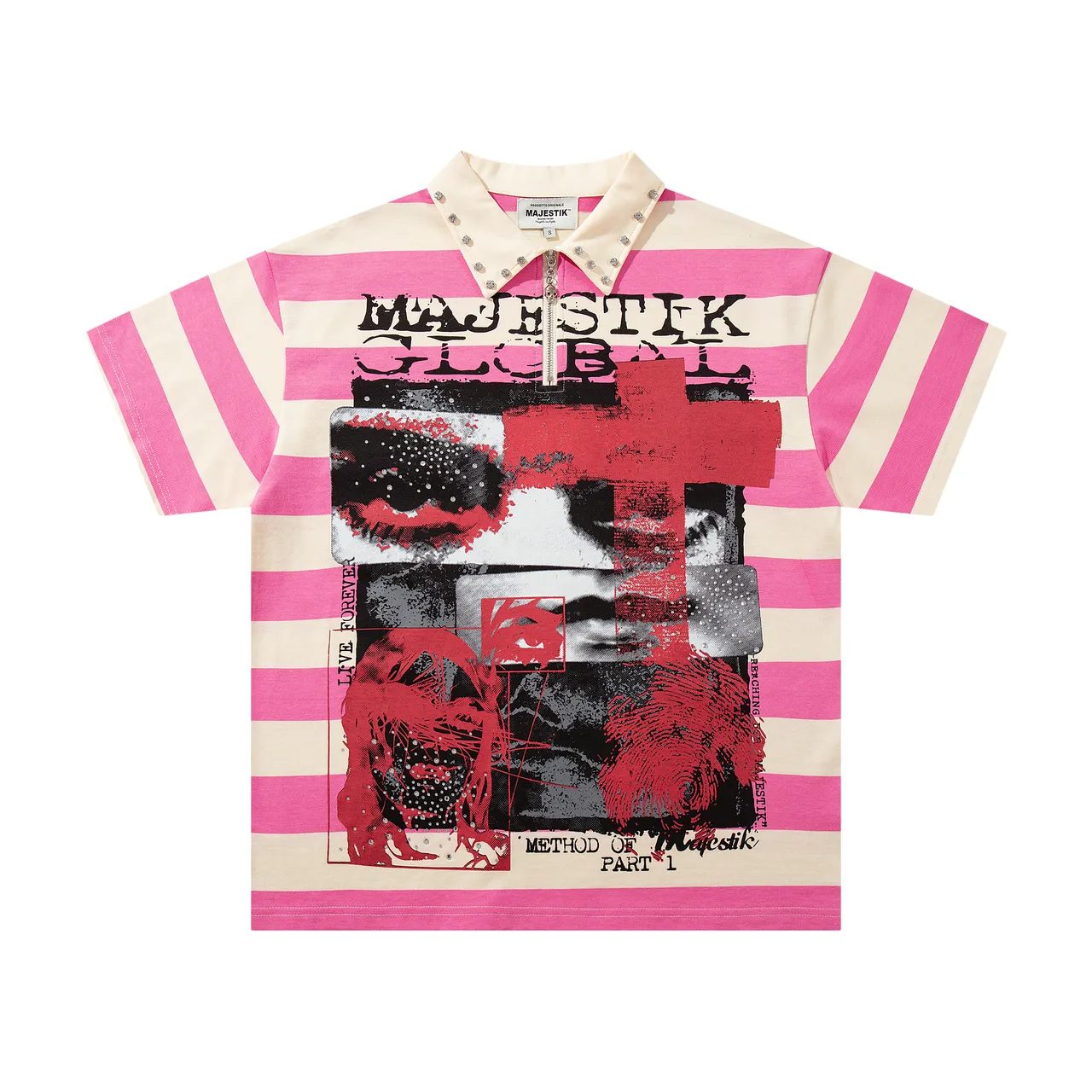 MAJESTIK Pink Beige Striped Studded Collar Polo Shirt