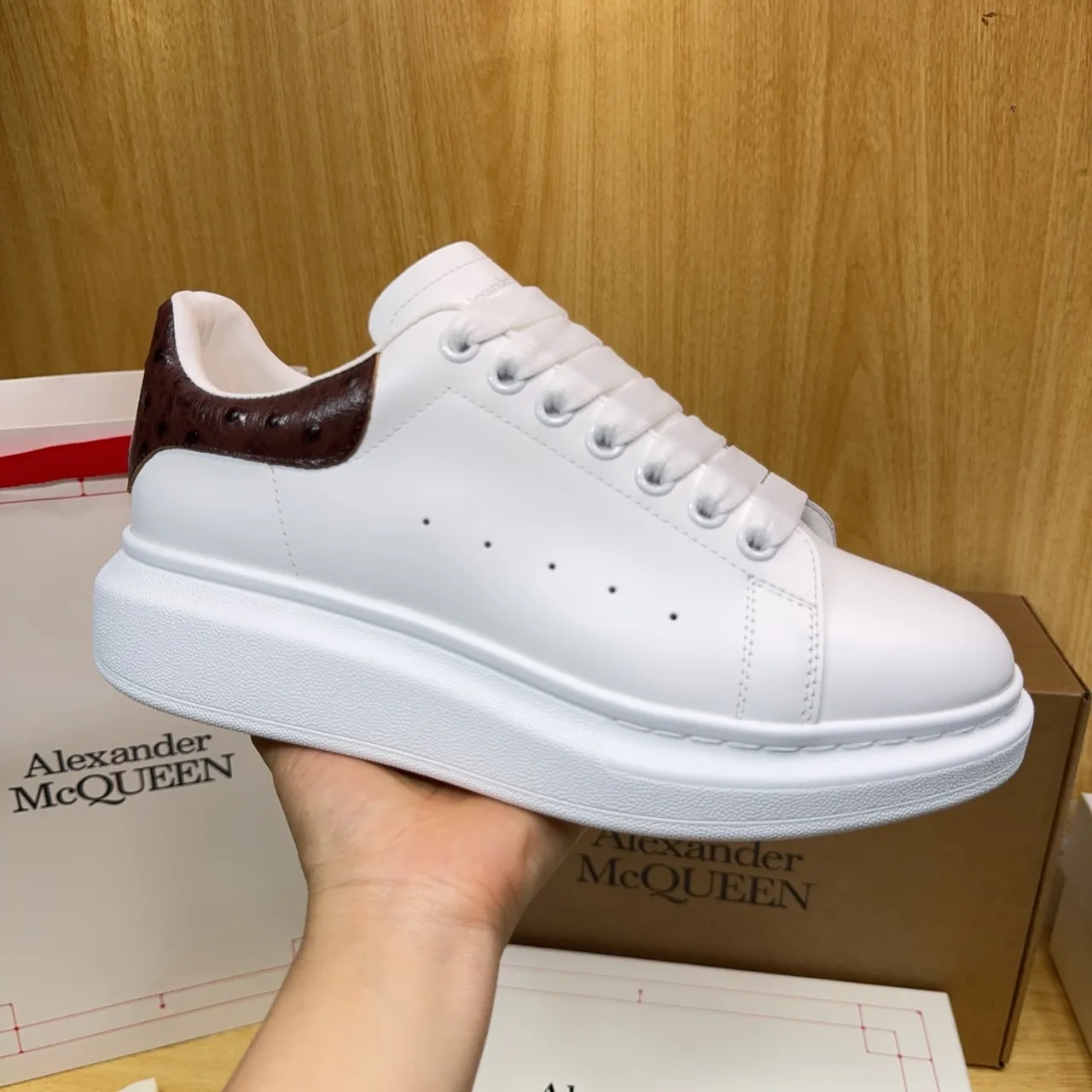 Alexander McQueen Oversized Sneaker White Brown Platform Sole Smooth Leather Upper Lifestyle Sneakers