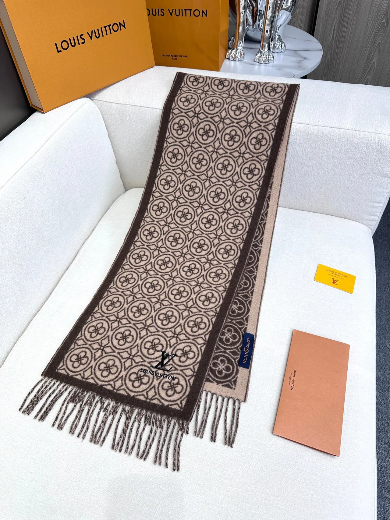 Louis Vuitton Geometric Monogram Jacquard Beige and Brown Cashmere Scarf
