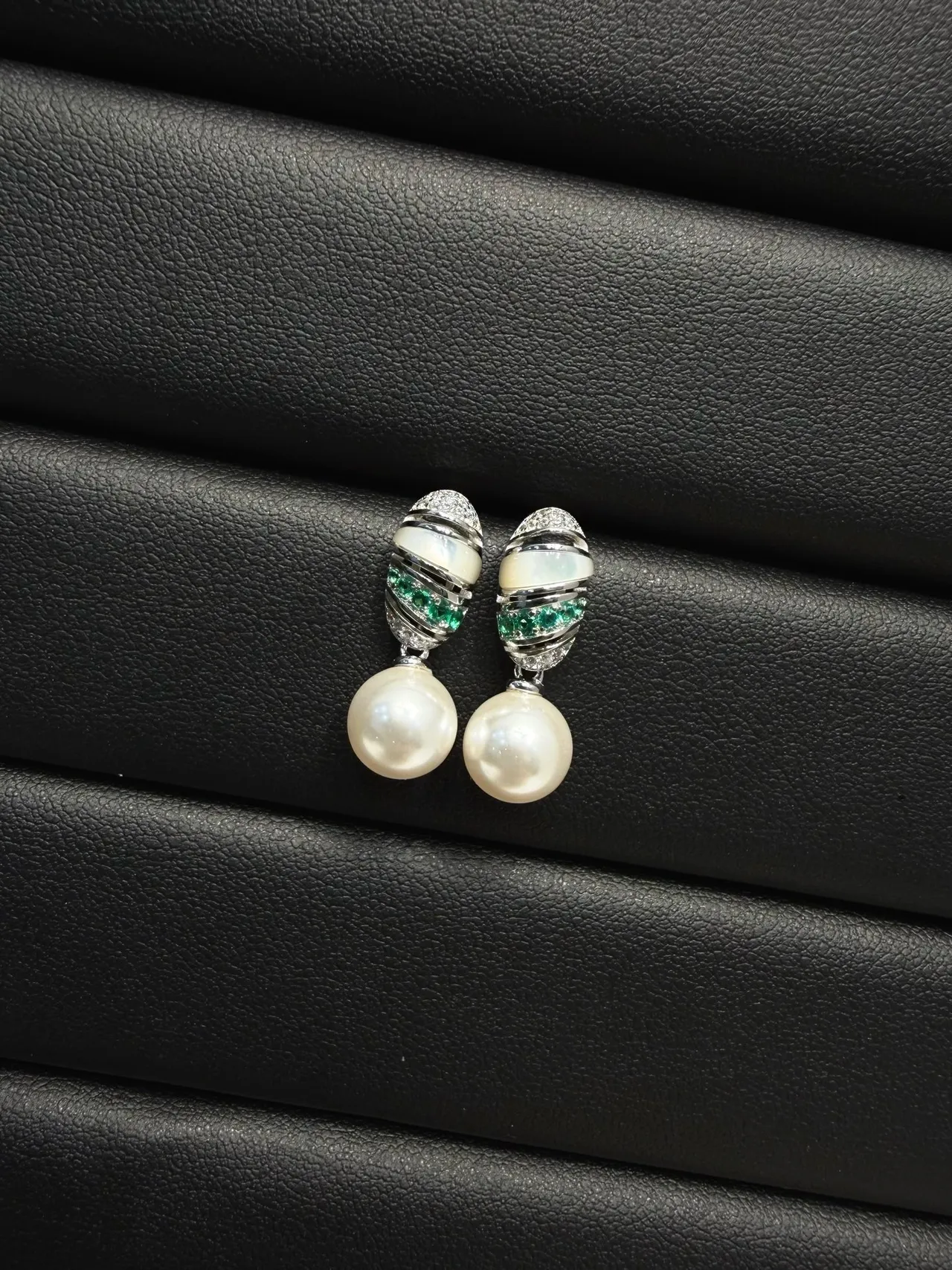 White Green Dangling Pearl-Drop Earrings