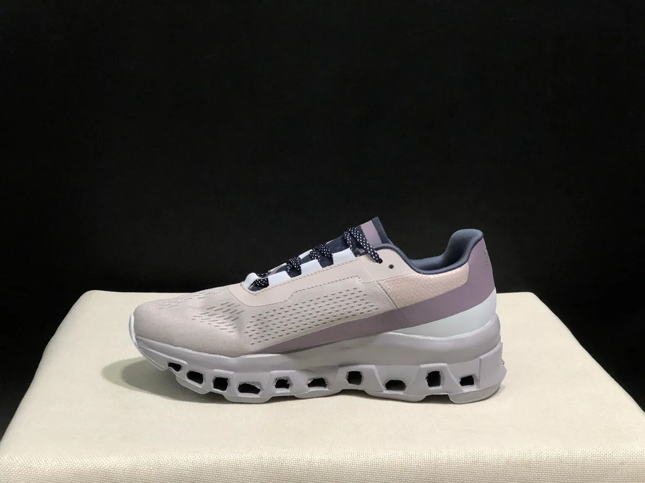 On Cloudmonster Beige Navy Running Shoes