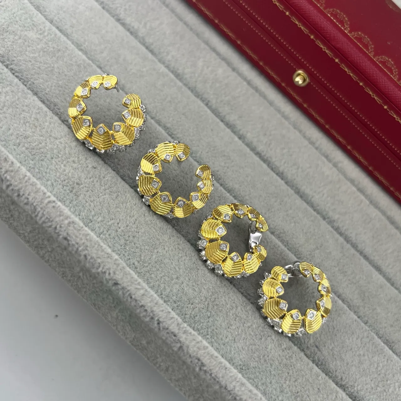 Cartier Gold Silver Textured Segmented Hoops Pavé-Set Diamonds Earrings