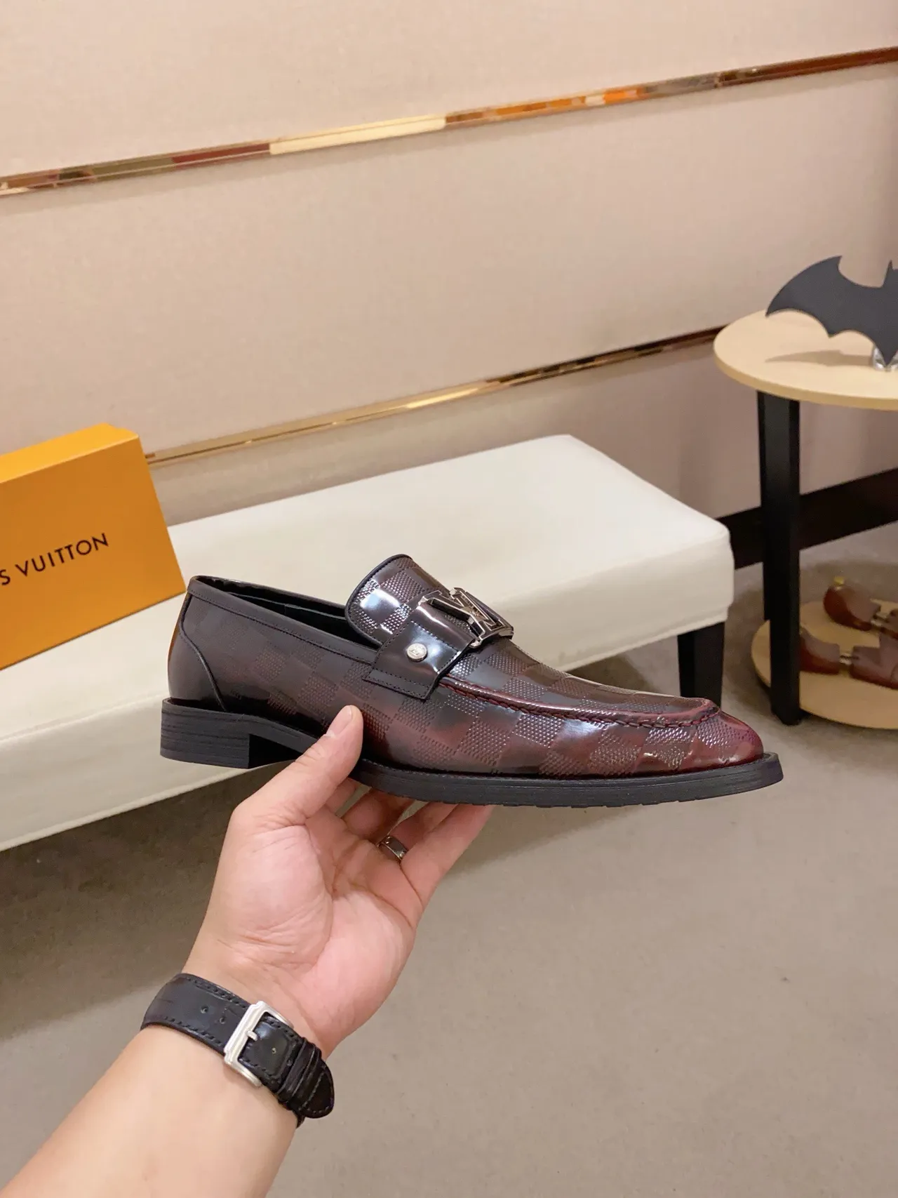 Louis Vuitton Loafer Burgundy Checkered Patent Leather Loafers