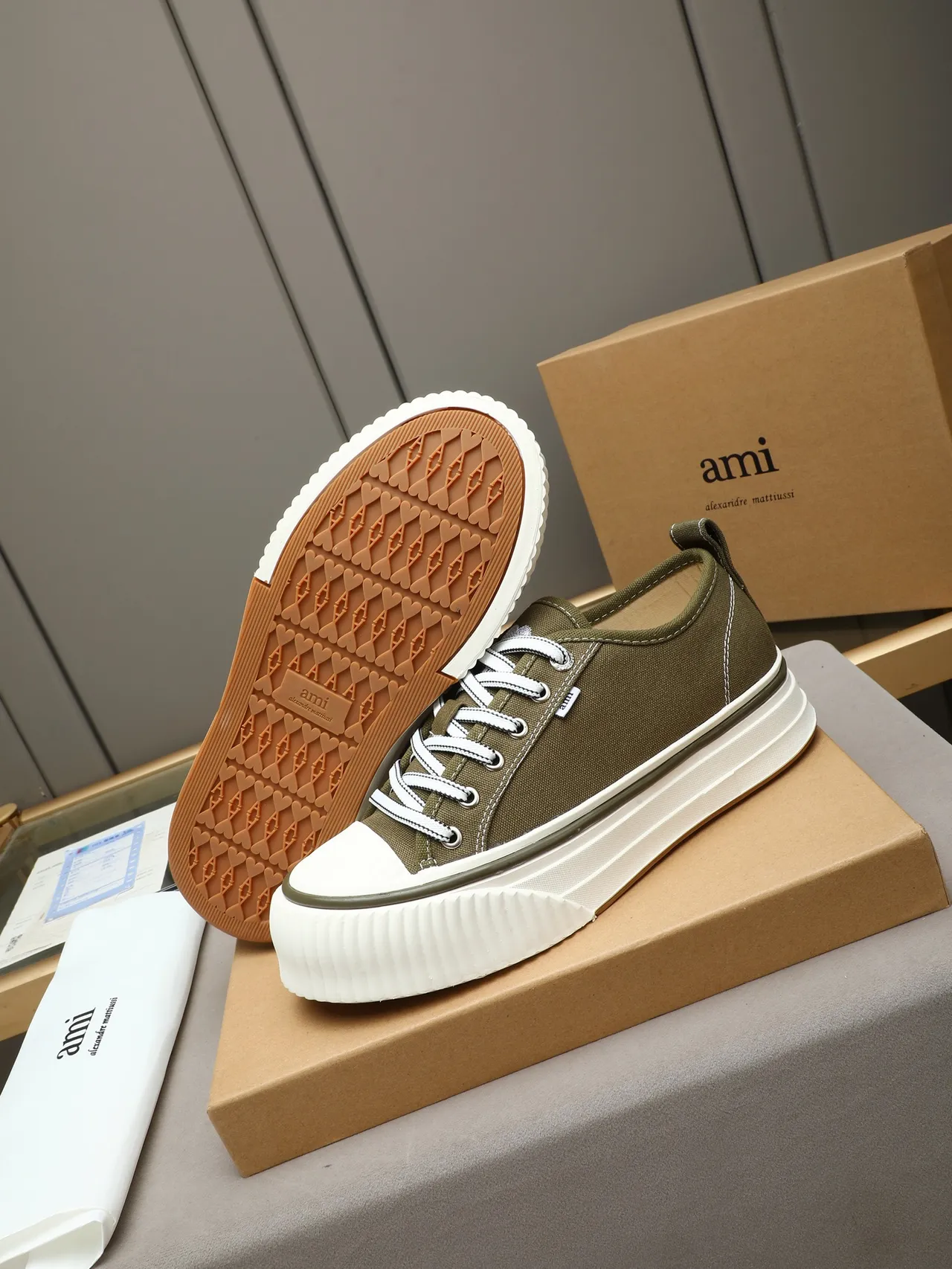 AMI Paris de Coeur Army Green White Canvas Upper Platform Sole Sneakers