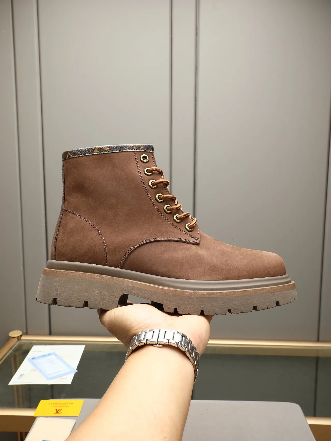 Brown Beige Suede Upper Lace-Up Front Work Boots