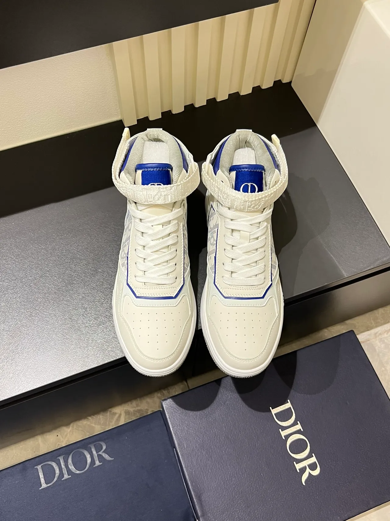 Dior B23 White and Blue Monogram High-Top Lifestyle Sneakers