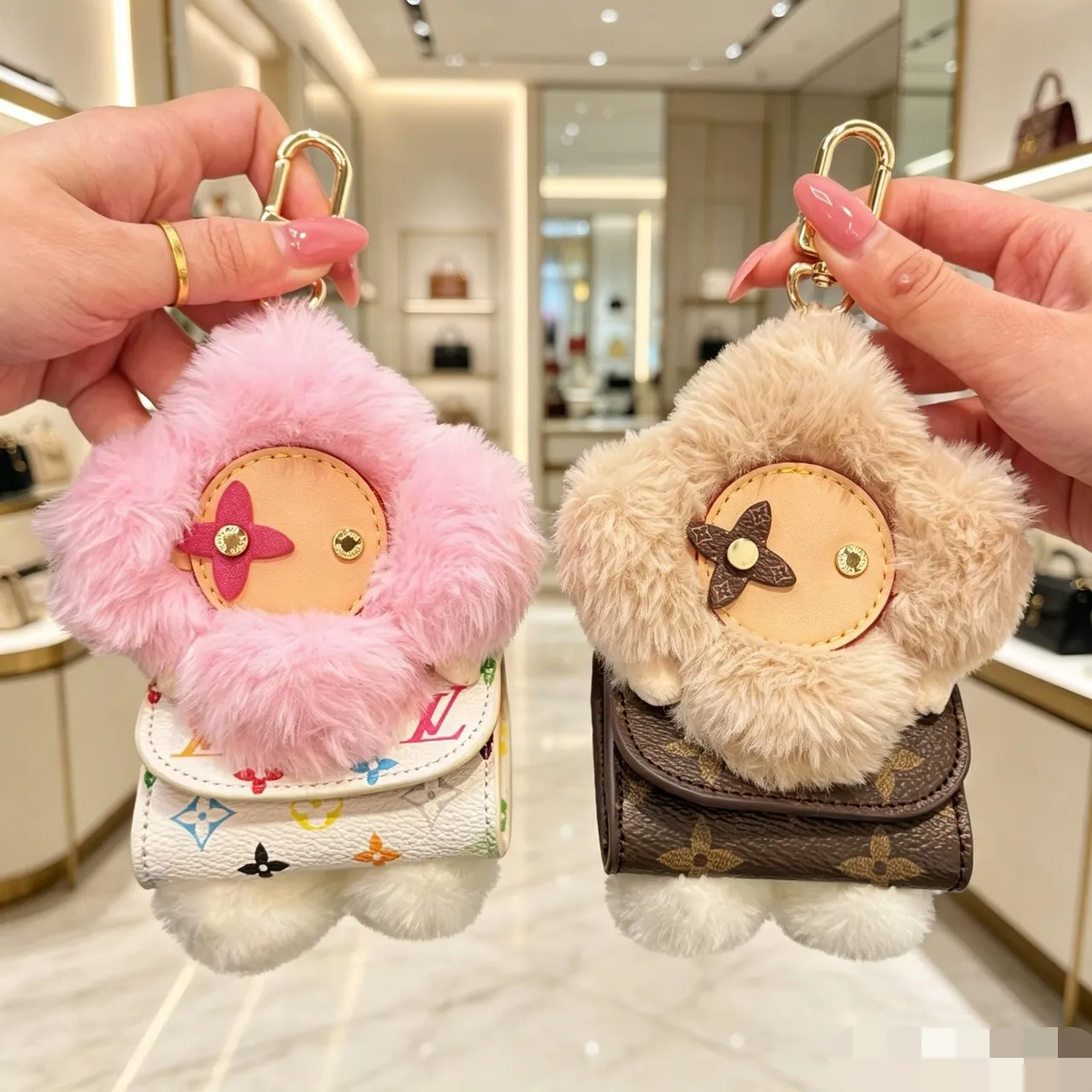 Louis Vuitton Vivienne Pink Beige Floral Plush Charm Faux Fur Trim Handbag