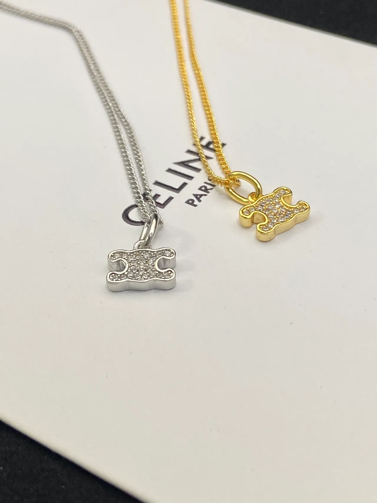 Celine Triomphe Gold Silver Logo Pendant Chain Necklace