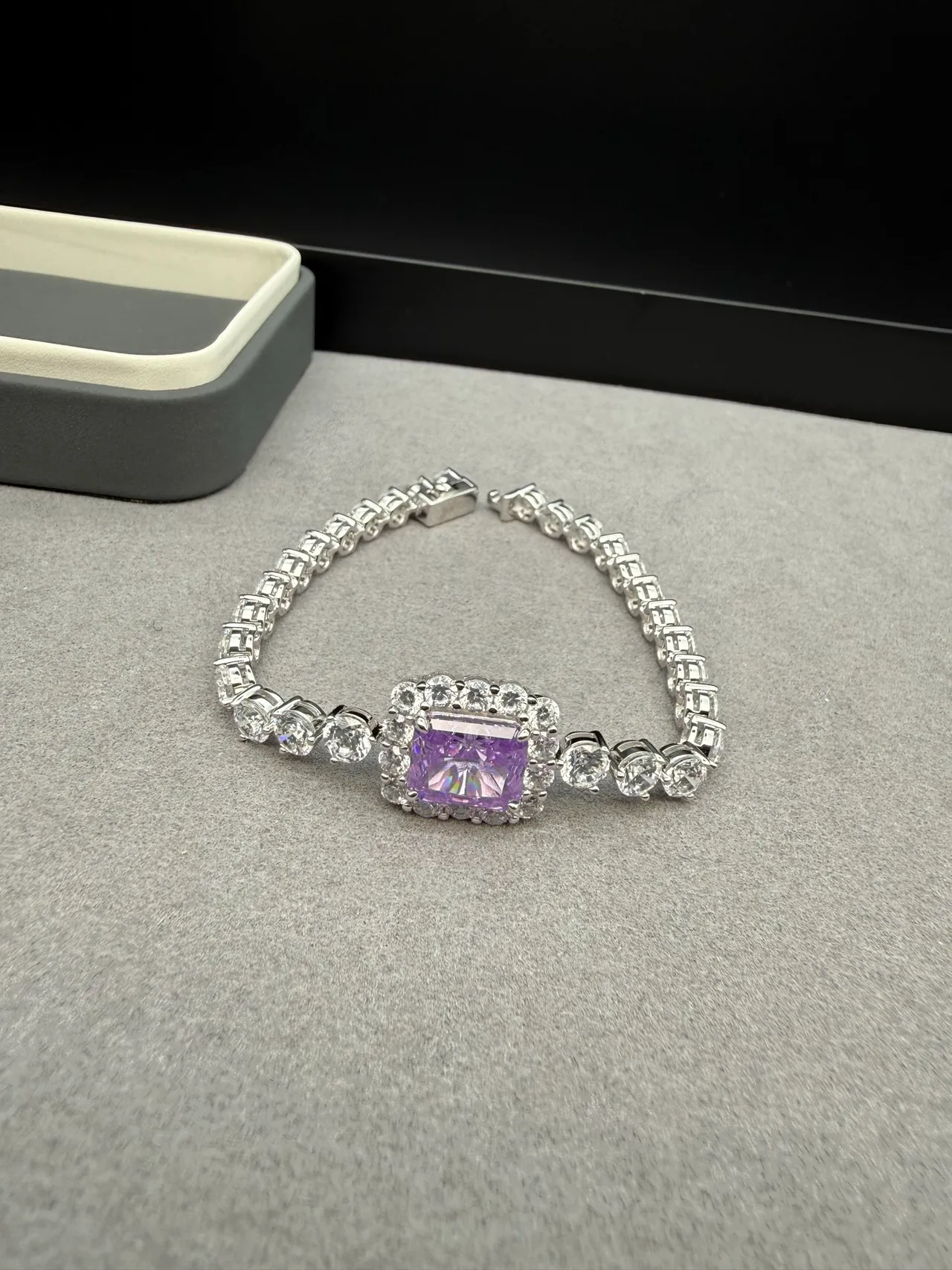 Purple Silver Square-Cut Central Gemstone Halo Setting Bracelet