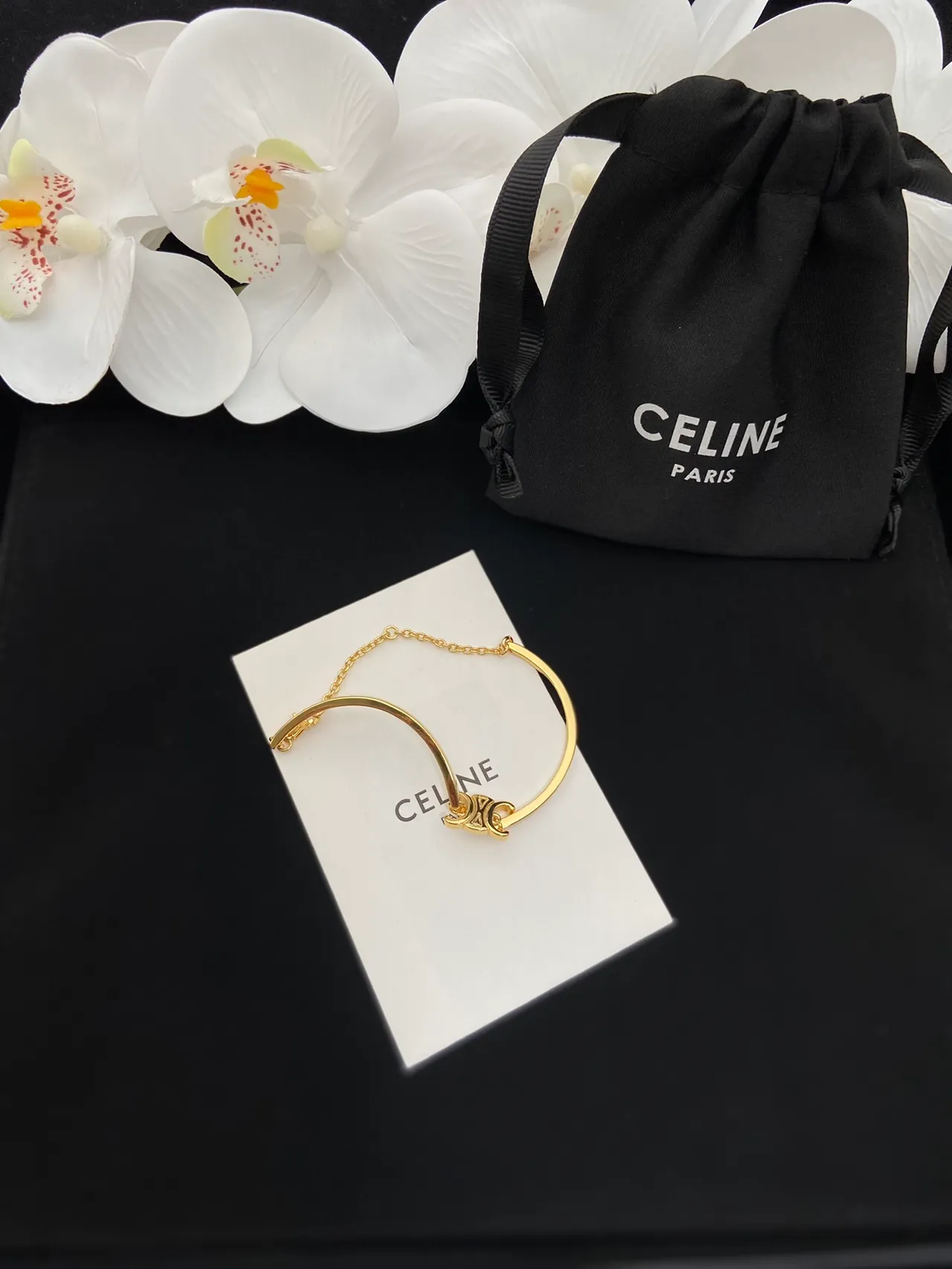 Celine Ava Gold Black Open Bangle Bracelet
